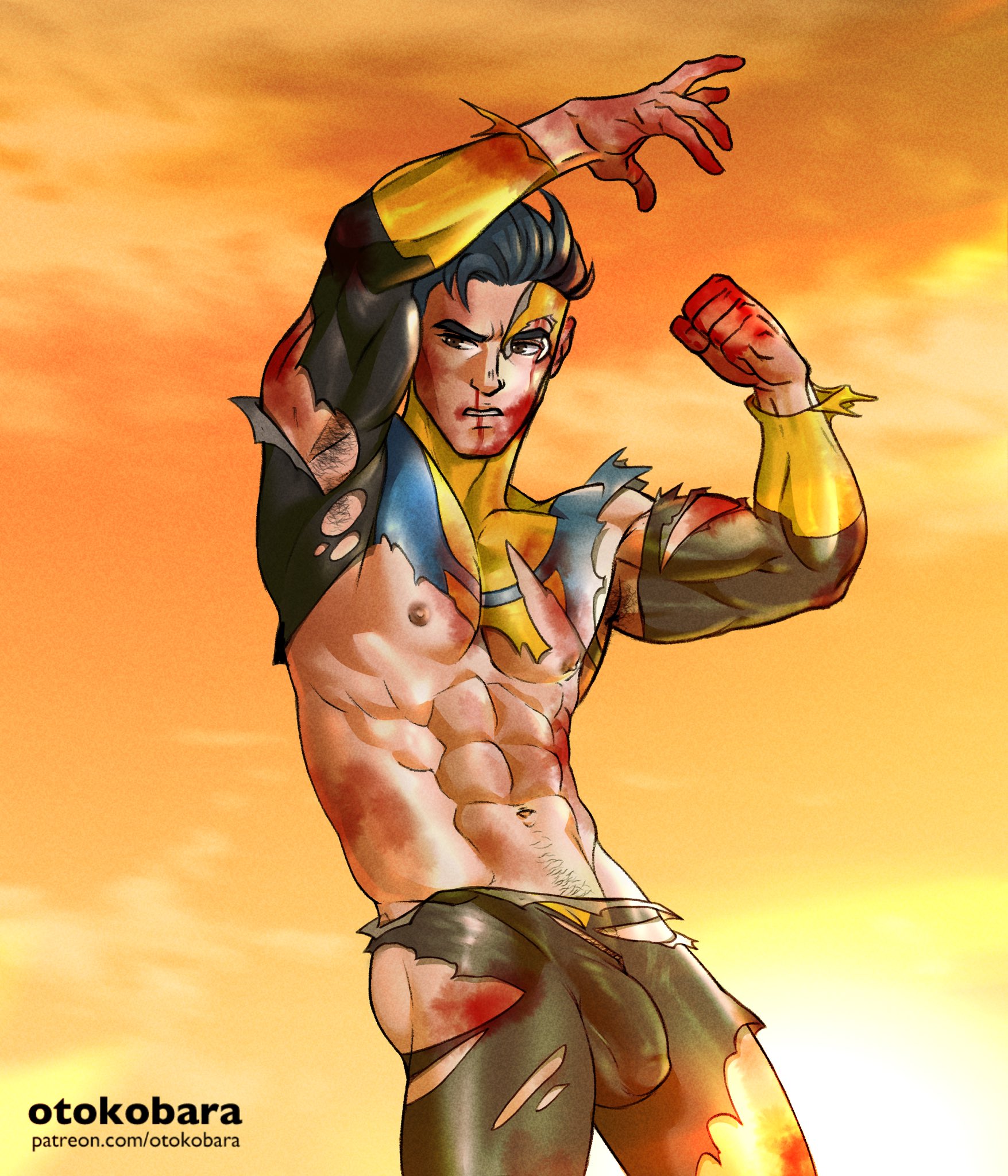 1boy, abs, asian male, black hair, blood, bodysuit, bulge, dark hair, flaccid, image comics, invincible, male, male only, mark grayson, mask, muscular, otokobara, penis, ripped clothing, skin tight, solo, spandex, superhero, torn clothes