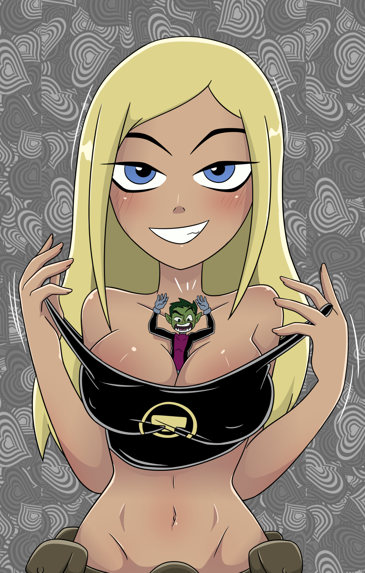 1boy, 1girls, beast boy, breasts, catherine cover parody, clothing, dc, dc comics, female, long hair, macro, male, micro, prokylan, seductive smile, size difference, tagme, teen titans, terra (dc)