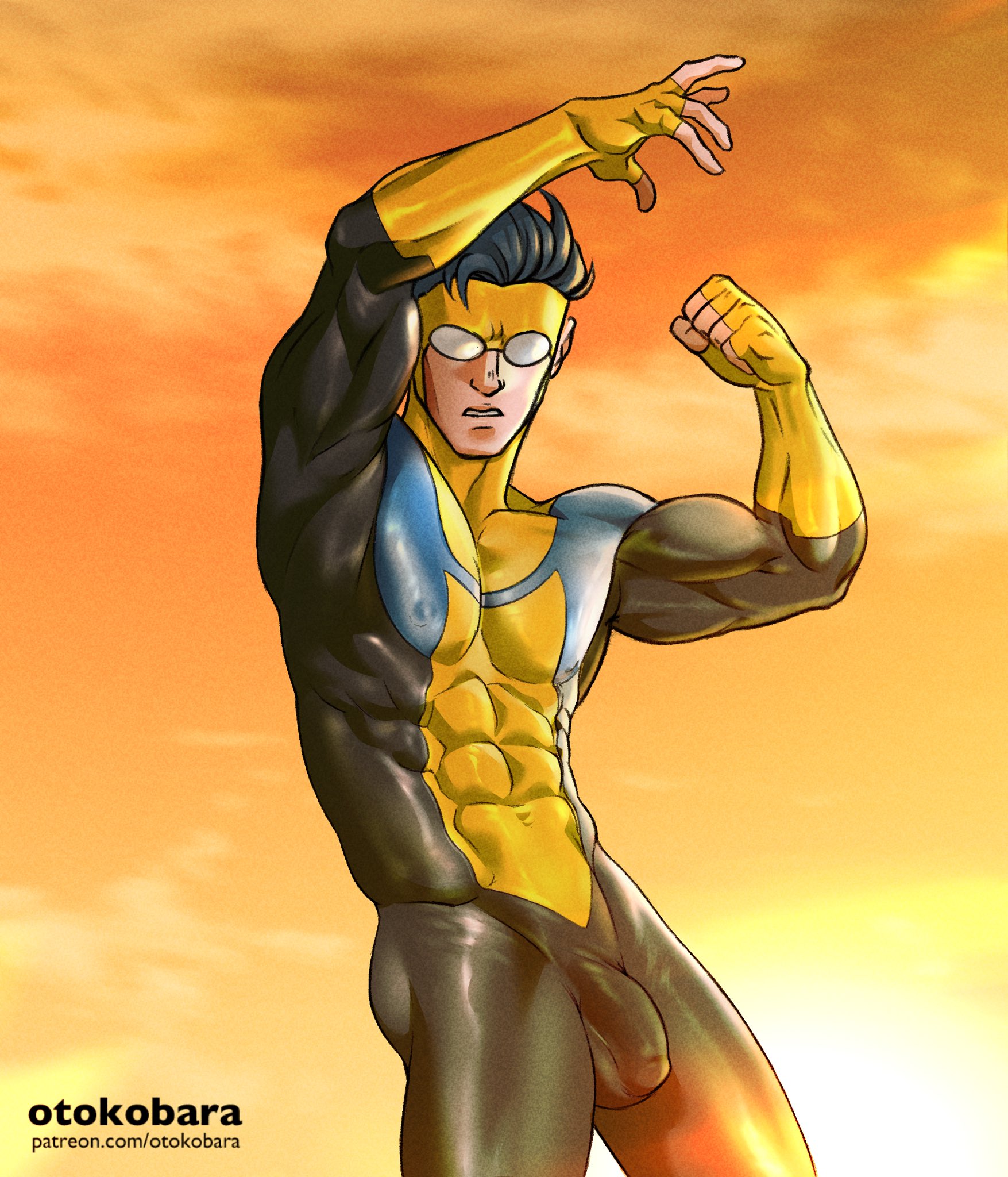 1boy, abs, asian male, black hair, bodysuit, bulge, dark hair, flaccid, image comics, invincible, male, male only, mark grayson, mask, muscular, otokobara, penis, skin tight, solo, spandex, superhero, teenage male, teenager