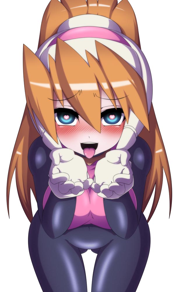 begging, begging pose, blonde hair, blue eyes, bodysuit, ciel (mega man), female, heart-shaped pupils, mega man, mega man zero, on knees, ponytail, pussy, semikichi, tongue, tongue out, visible pussy