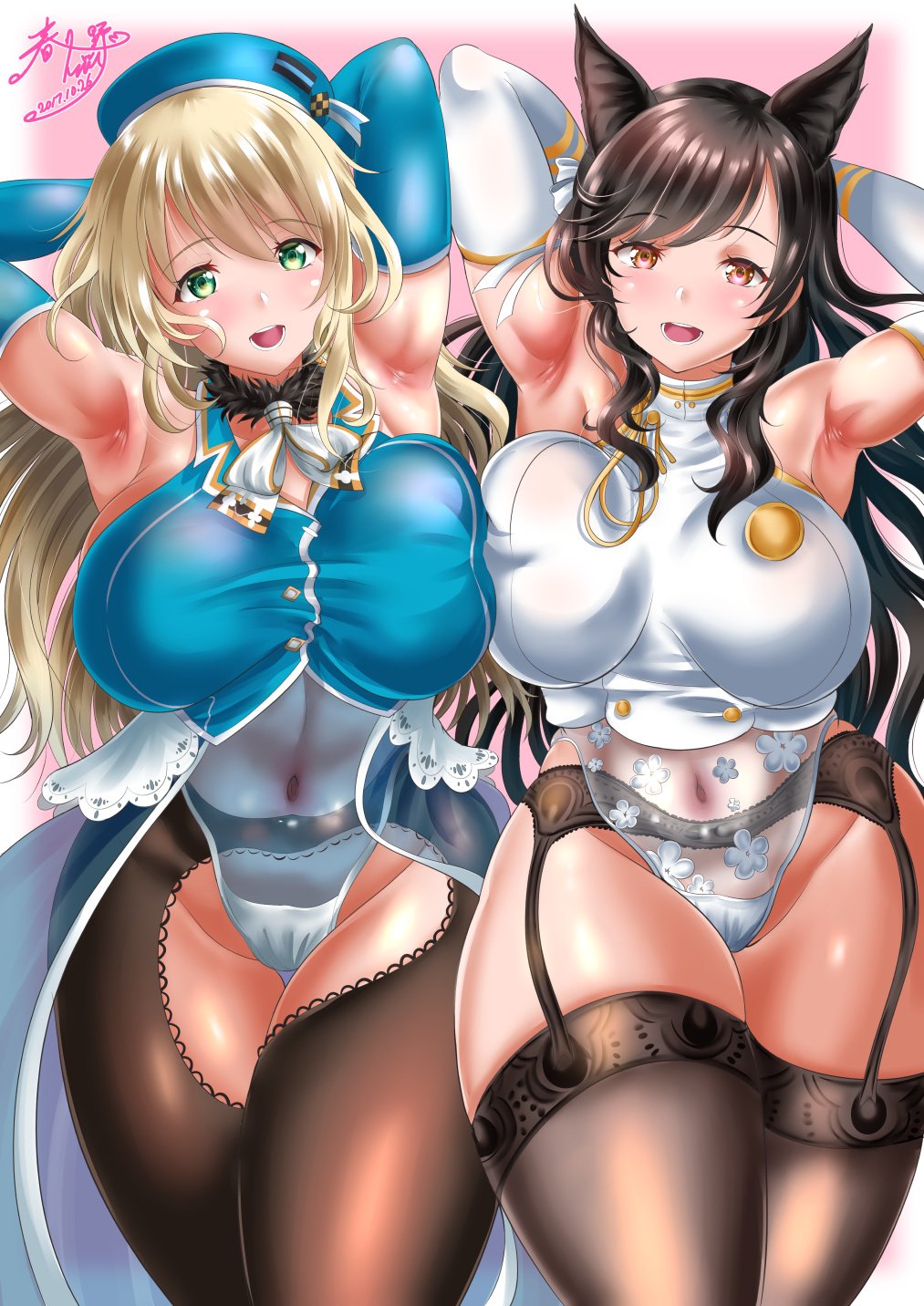 2017 2girls alternate_costume animal_ears armpits arms_behind_head artist_signature atago_(azur_lane) atago_(kantai_collection) azur_lane blonde_hair breast_press brown_eyes brown_hair cropped_legs crossover dated eyebrows_visible_through_hair female female_only garter_belt garterhose green_eyes happy highres kantai_collection kasugano_tobari long_hair looking_at_viewer multiple_girls navel no_pants see-through smile stockings stomach thick_thighs thighhighs thighs very_long_hair wide_hips wolf_ears