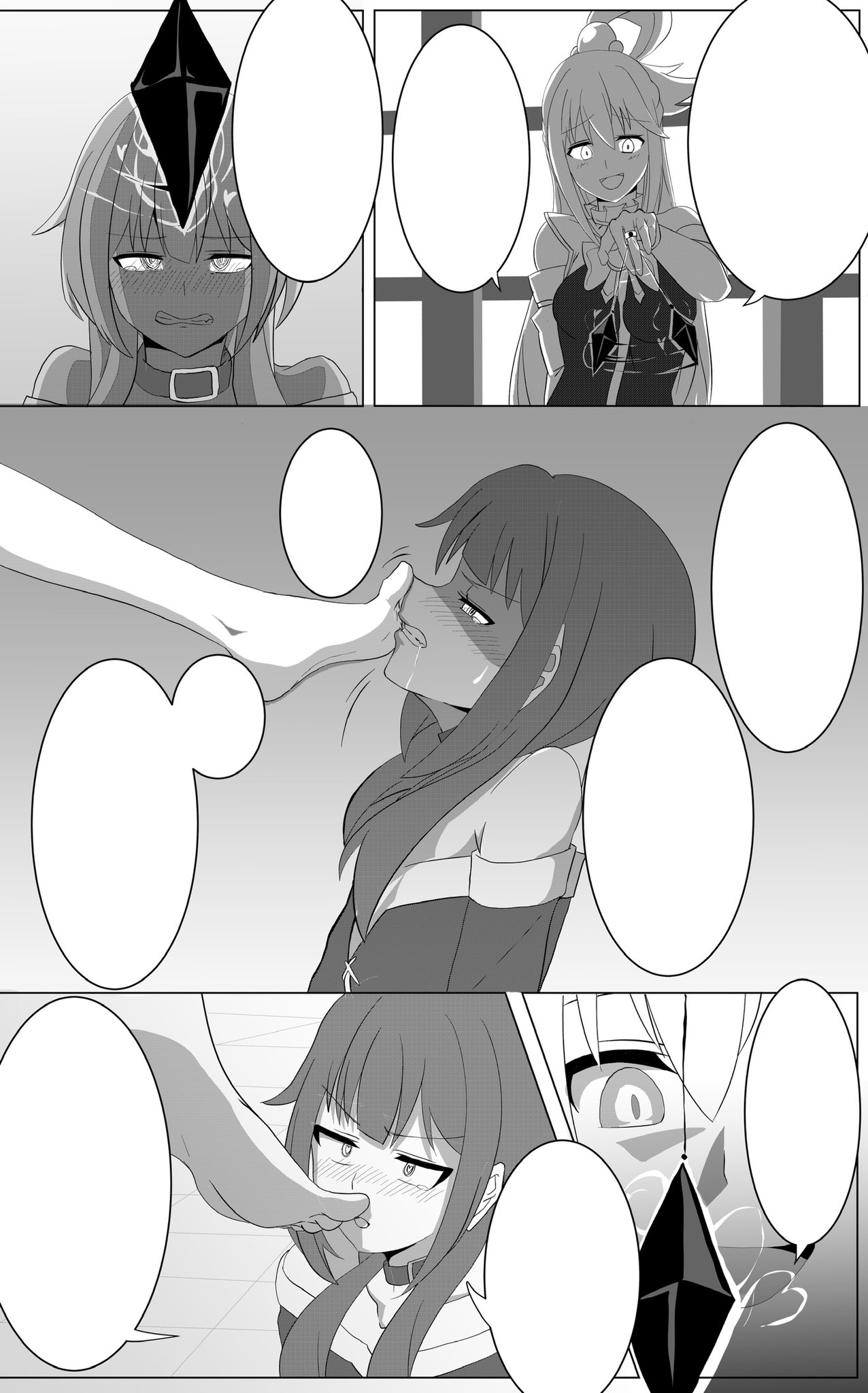2girls, aqua (konosuba), arms down, big breasts, black and white, blue eyes, blue hair, blush, brainwashing, breasts, brown hair, collar, comic, crazy eyes, crying, dazed, drooling, female, femdom, femsub, flat chest, floor tiles, foot fetish, foot focus, foot worship, glowing, goddess, hair ornament, heart, heart-shaped pupils, hypnosis, jewelry, kneeling, kono subarashii sekai ni shukufuku wo!, long hair, magic, megumin, no text, ominous, pendulum, red eyes, resisting, ring, rubbing, sleeves, smile, smug, staring, stepped on, sweat, text bubble, worship, yuri, ze r0 ze r0