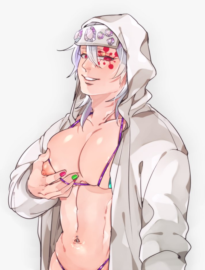 big_pecs bikini cleavage cupless_bikini demon_slayer facial_mark grabbing_own_breast headband headwear hoodie kimetsu_no_yaiba kyu_717 looking_at_viewer male male_only muscular muscular_male nail_polish navel_piercing open_clothes open_jacket pec_grasp pectoral_grab red_eyes silver_hair smile solo uzui_tengen