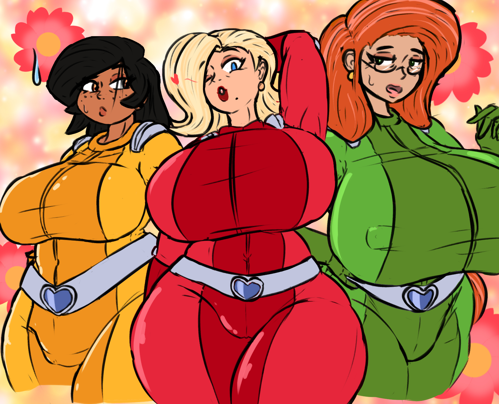 3girls, aged up, alex (totally spies), ass, big ass, big breasts, black hair, blonde hair, blue eyes, bodysuit, breast size difference, breasts, brown eyes, cameltoe, clover (totally spies), dark skin, female, gokusenpai, green bodysuit, green eyes, group, horny female, huge breasts, human, looking at viewer, milf, multiple females, multiple girls, pale skin, pussy, red bodysuit, red hair, sam (totally spies), skin tight, skin tight suit, tight clothing, totally spies, trio, wink, winking at viewer, yellow bodysuit