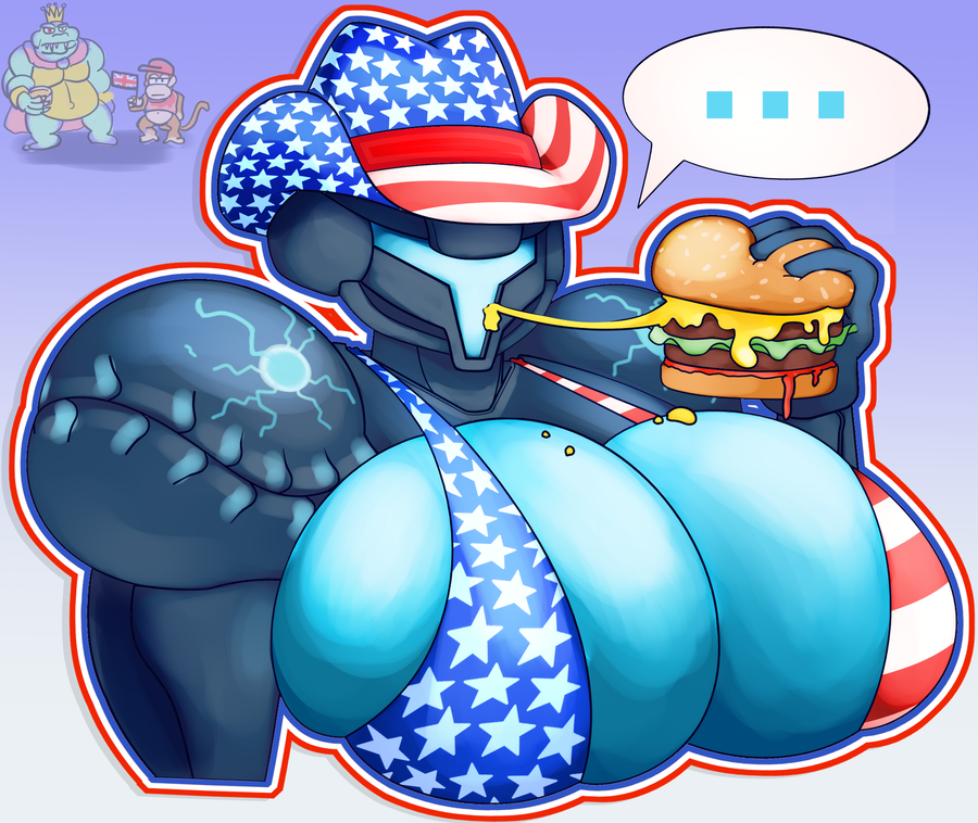 .. 1girls 4th_of_july alien alien_girl american_flag american_flag_bikini american_flag_hat bikini breast cheeseburger cleavage cowboy_hat dark_samus diddy_kong donkey_kong_(series) doodlewill female female_focus female_only flag food helmet ill-fitting_clothes k_rool large_breasts rareware