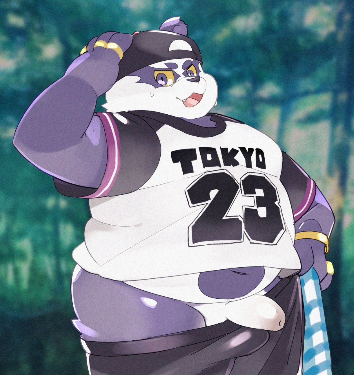 alp_(tokyo_afterschool_summoners) anthro backwards_baseball_cap backwards_hat baseball_cap belly bottomwear bracelet clothed clothing flaccid foreskin genitals giant_panda hat headgear headwear hi_res jewelry lifewonders male mammal masshiro navel overweight partially_clothed penis ring shorts shorts_down solo thick_thighs tokyo_afterschool_summoners ursid video_games