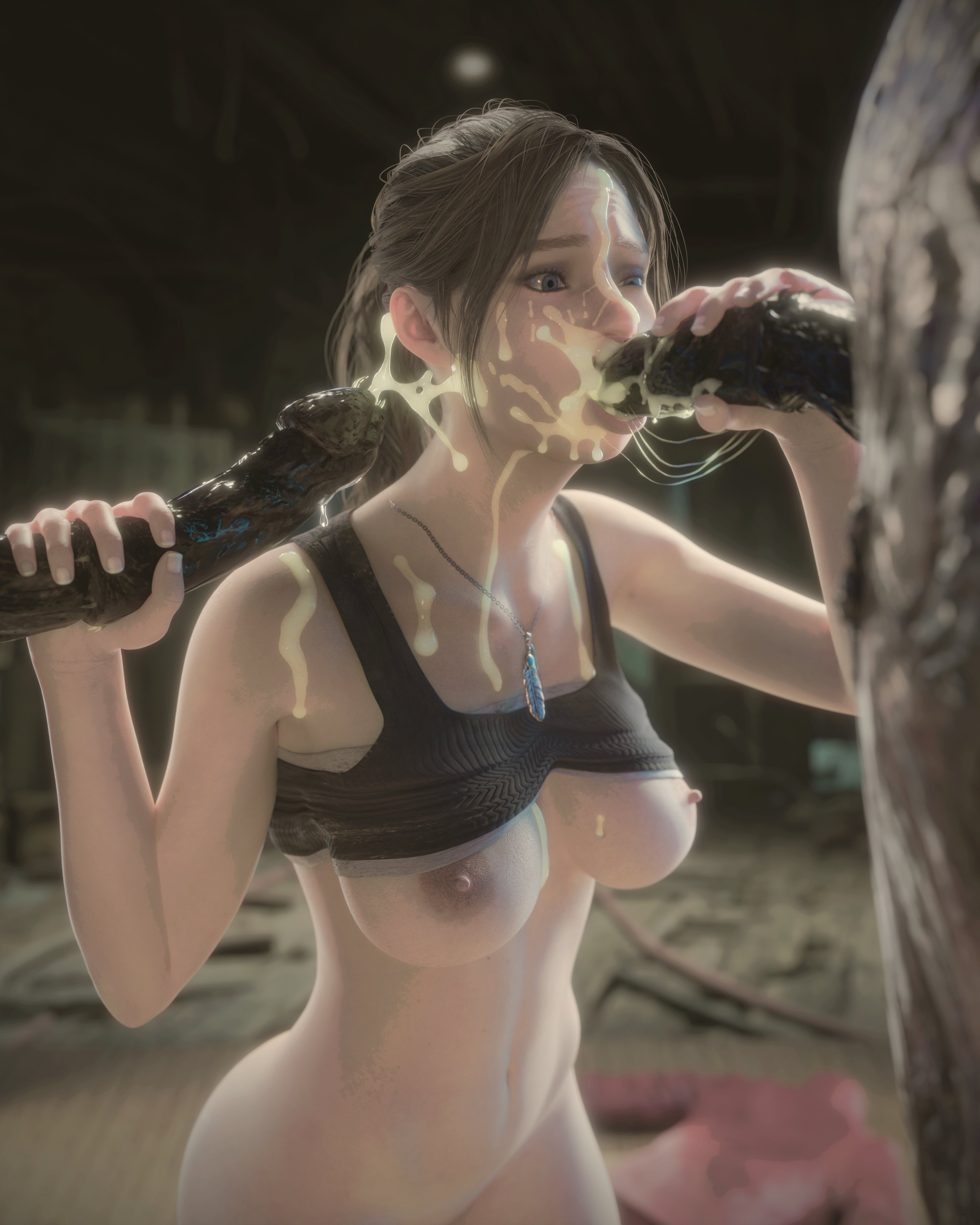 1girls, 2boys, 3d, areolae, blowjob, blue eyes, bottomless, breasts, brown hair, capcom, claire redfield, crop top, cum, cum in mouth, cum on face, cum on upper body, double handjob, exposed breasts, eye contact, facial, fellatio, female, female focus, fit, fit female, gag, gagging, handjob, handjob while sucking, hips, kingestefano98, long hair, long penis, male, medium breasts, molded (resident evil), monster, necklace, nipples, oral, penis, petite, ponytail, resident evil, resident evil 2, resident evil 2 remake, resident evil 7, threesome, top lift, voluptuous