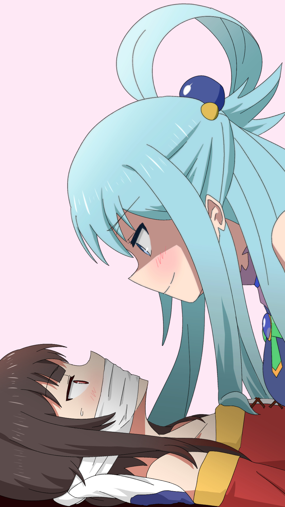 2girls, aqua (konosuba), bare shoulders, bent over, blue eyes, blue hair, blush, brown hair, choker, eye contact, female, female only, femdom, femsub, footwear, gag, gagged, kono subarashii sekai ni shukufuku wo!, laying down, long hair, looking at another, looking down, looking up, megumin, multiple females, multiple girls, nervous, pendant, red eyes, shaded face, shadow, smell, smirk, smug, stockings, stockings gag, sweat, tied up, yuri, ze r0 ze r0