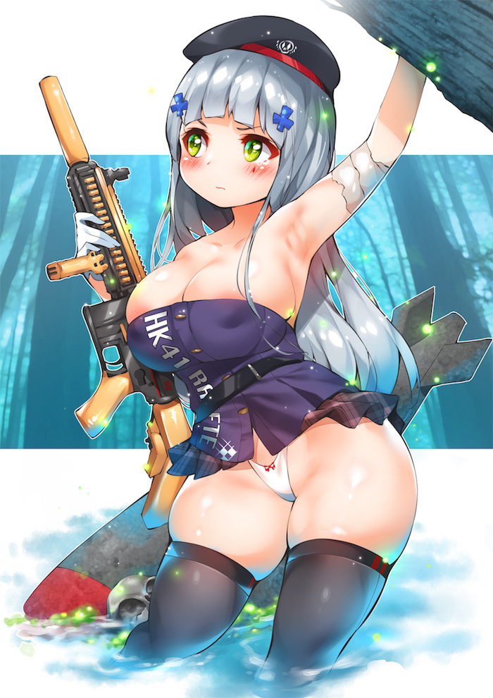 areola_slip areolae arm_up armpits assault_rifle bangs bare_shoulders beret black_headwear black_legwear blush bow bow_panties breasts cleavage closed_mouth covered_nipples curvy facial_mark female girls'_frontline gloves green_eyes gun h&k_hk416 hair_ornament hat heckler_&_koch highleg highleg_panties hk-416 hk416_(girls'_frontline) holding holding_gun holding_weapon large_breasts long_hair outline panties photoshop_(medium) rifle silver_hair skindentation skull solo straight_hair sugihara_(sugihara2000) teardrop thick_thighs thighhighs thighs underwear v-shaped_eyebrows weapon white_gloves white_outline