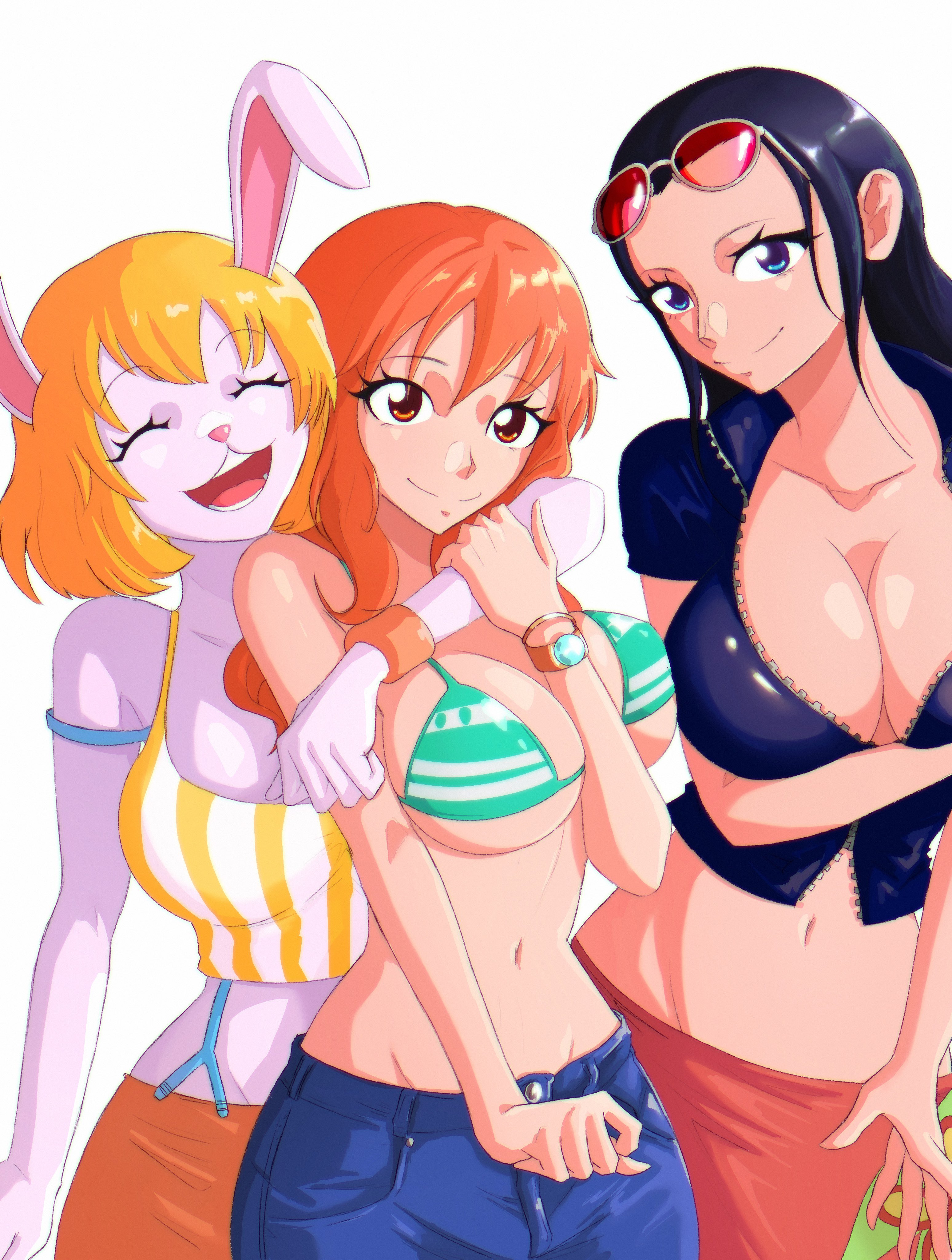 3girls, arm around neck, arm at side, arm grab, bare arms, bare shoulders, bikini, bikini top, black hair, black-haired female, blonde hair, blonde-haired female, blue eyes, breasts, brown eyes, bunny ears, bunny girl, carrot (one piece), cleavage, closed eyes, closed mouth, collarbone, female, female only, happy, hat, hugging, hugging from behind, interspecies, jeans, large breasts, long hair, looking at viewer, midriff, multiple females, multiple girls, nami (one piece), navel, neck, nico robin, one piece, opalisart, open mouth, orange eyes, orange hair, orange-haired female, post-timeskip, rabbit ears, rabbit girl, sarong, shiny, shiny hair, short hair, skirt, smile, smiling at viewer, standing, striped bikini, sunglasses, sunglasses on head, trio, underboob, white fur