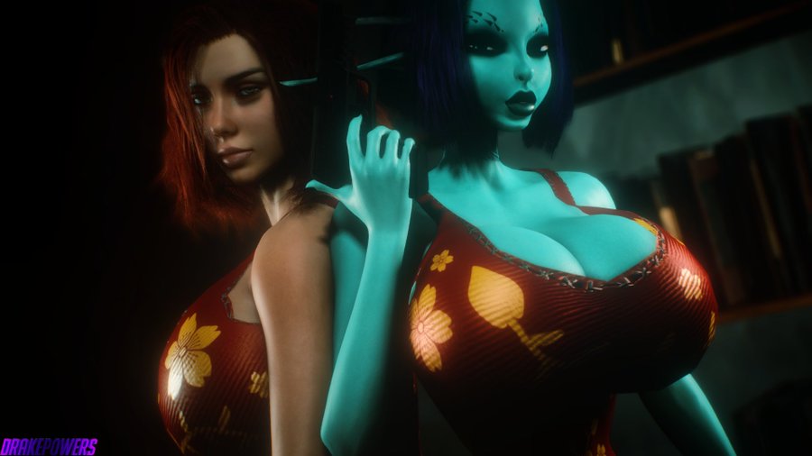 2girls 3d 3d_(artwork) alternate_breast_size bare_shoulders big_breasts bimbo black_widow_(marvel) blue-skinned_female blue_skin breasts_bigger_than_head busty cleavage curvy drakepowers elf elf_ears elf_female elf_girl female female_only garry's_mod giant_breasts hair heterochromia huge_breasts human humanoid large_breasts legs light-skinned_female light_skin lips long_ears long_pointy_ears marvel marvel_comics natasha_romanoff pointy_ears purple_hair red_hair short_hair soria thick_lips turquoise_skin unreal_tournament virtamate voluptuous