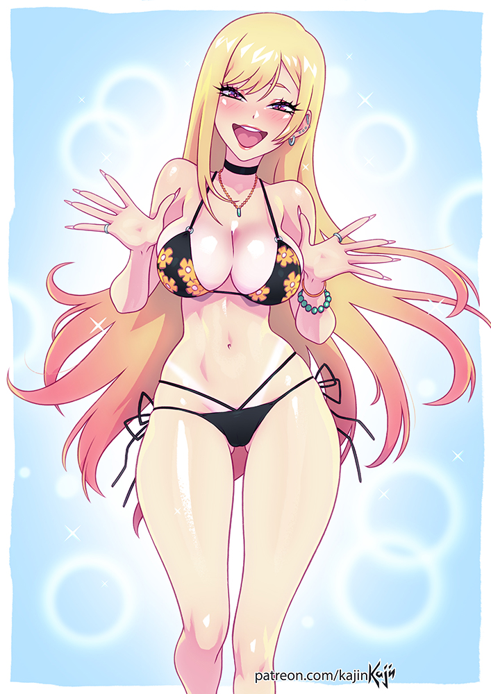 1girls, alternate version available, bikini, blonde female, blonde hair, blush, breasts, choker, eye contact, female, female focus, gyaru, happy, kajinman, kitagawa marin, long fingernails, long hair, looking at viewer, necklace, solo, sono bisque doll wa koi wo suru, standing, thick thighs, thighs