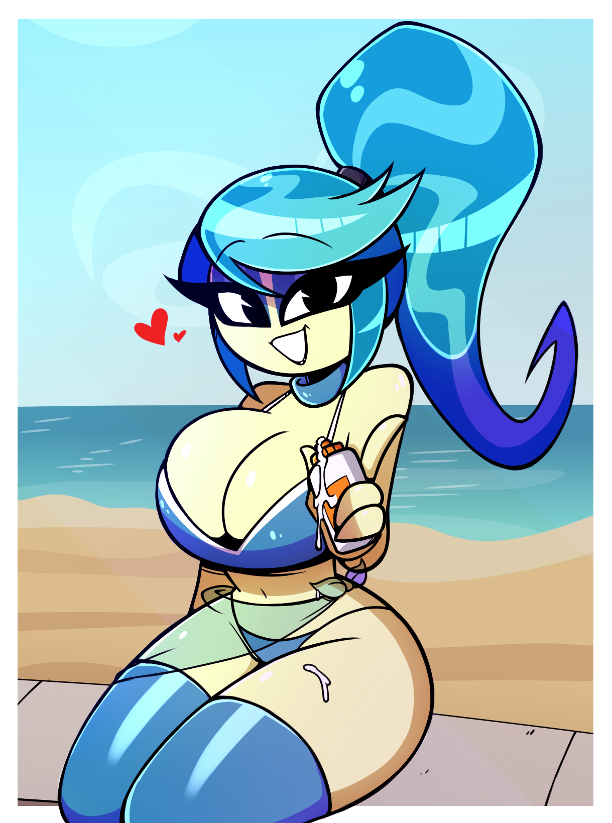 auntie lofty (mlp), beach, bikini, blue eyes, blue eyeshadow, blue hair, curvaceous, curvy, curvy body, curvy female, curvy figure, cute, cute expression, cute eyes, cute face, eyeshadow, friendship is magic, hasbro, my little pony, necklace, nelljoestar, ponytail, ring, sunscreen, very long hair