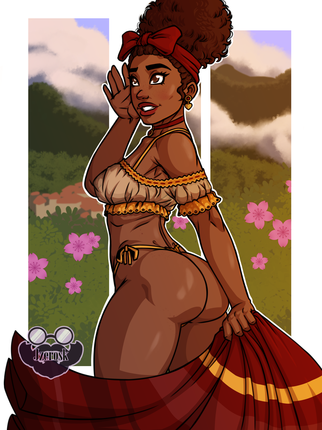 1girls, afrolatina, ass, breasts, colombian female, dark skin, dark-skinned female, disney, dolores madrigal, encanto, female, female only, jzerosk, latina, nipples, rear view, see-through, see-through clothing, straight hair, text, thong