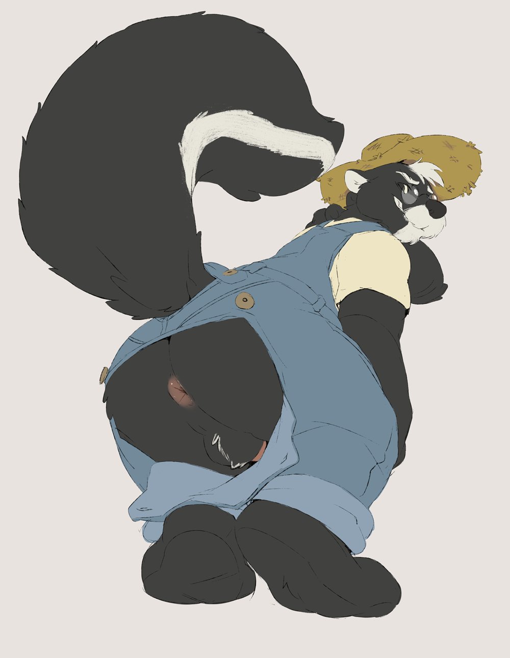 anthro anus ass backsack ball_tuft balls beard bent_over black_and_white_fur clothing facial_hair farmer genitals hat headgear headwear hi_res male mammal mature_male mephitid moustache overalls presenting presenting_anus seth-iova skunk solo straw_hat tuft