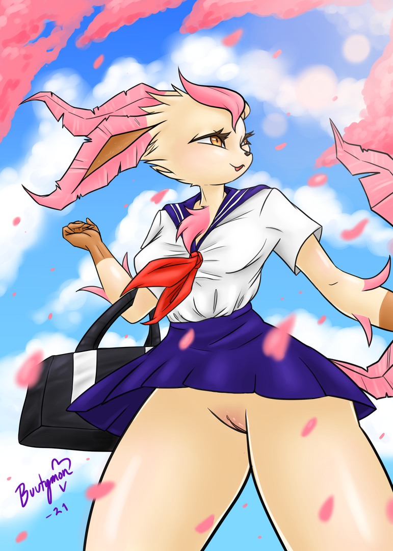 2021 alternate_color anthro anthrofied buutymon eyelashes female leafeon no_panties pokemon pokemon_dppt sailor_uniform school_bag school_uniform solo tail upskirt