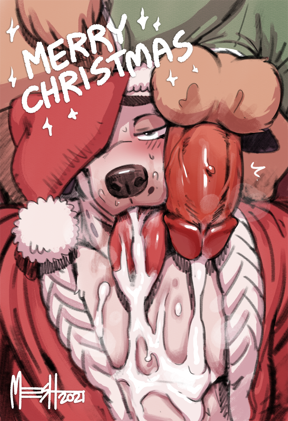 anthro balls blush bodily_fluids canid canine canis christmas cum cum_in_mouth cum_inside cum_on_penis cumshot dalmatian domestic_dog ejaculation english_text gay genital_fluids genitals group hi_res holidays male male/male male_only mammal meesh musk penis penis_on_face steam sweat text tongue yaoi