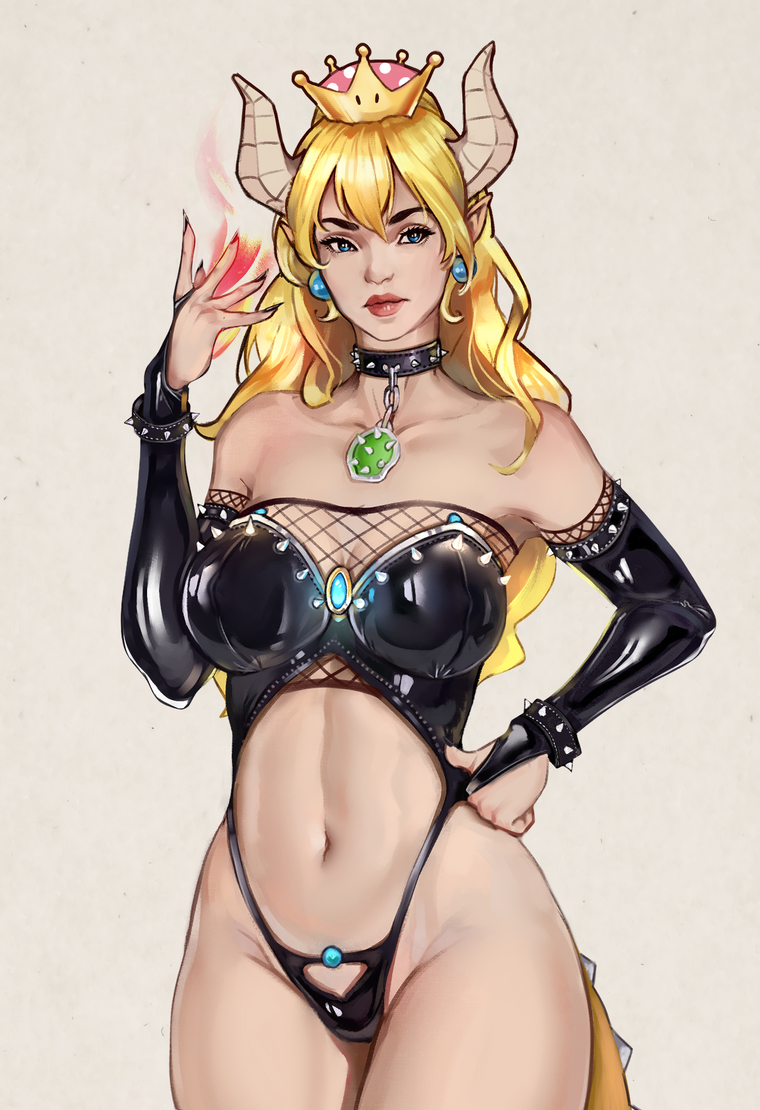 1girls, bare shoulders, blonde hair, bowsette, breasts, choker, cleavage, clothed, collar, crown, dulapda, female, female only, fit, fit female, flame, hand on hip, horns, large breasts, latex, long fingernails, long nails, mario (series), nail polish, new super mario bros. u deluxe, painted fingernails, painted nails, revealing clothes, shiny clothes, skimpy clothes, solo, standing, white background