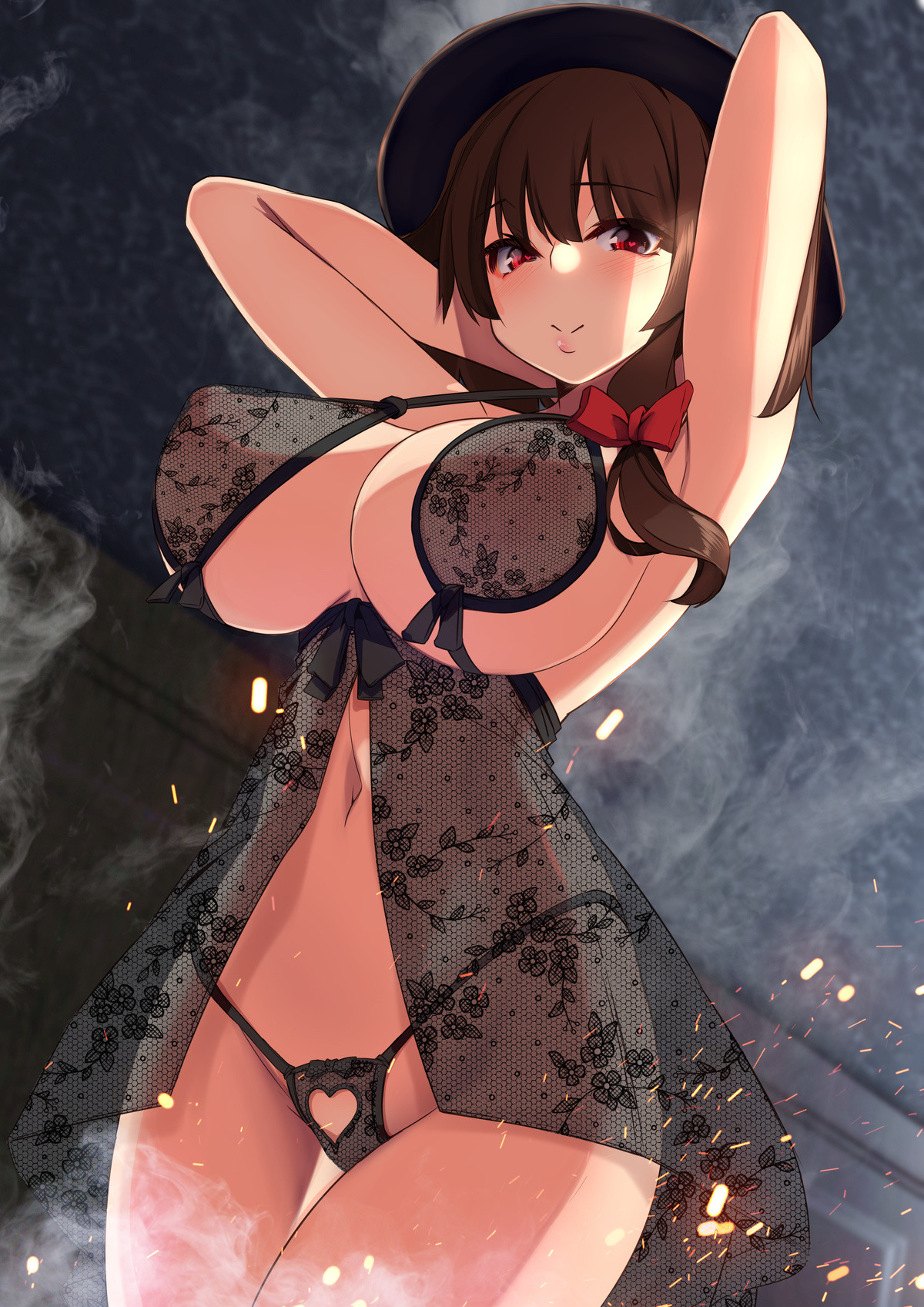 armpits, arms behind head, babydoll, black headwear, bow, breasts, brown eyes, brown hair, closed mouth, commentary, covered nipples, cowboy shot, eyebrows visible through hair, fedora, female, female pubic hair, hairbow, hat, heart, heart-shaped pupils, highres, large breasts, lingerie, navel, negligee, panties, pubic hair, red bow, renko usami, see-through, short hair, short ponytail, side ponytail, smile, solo, sparks, steaming body, symbol-shaped pupils, textless, touhou, underwear, wide hips, yukito (dreamrider)