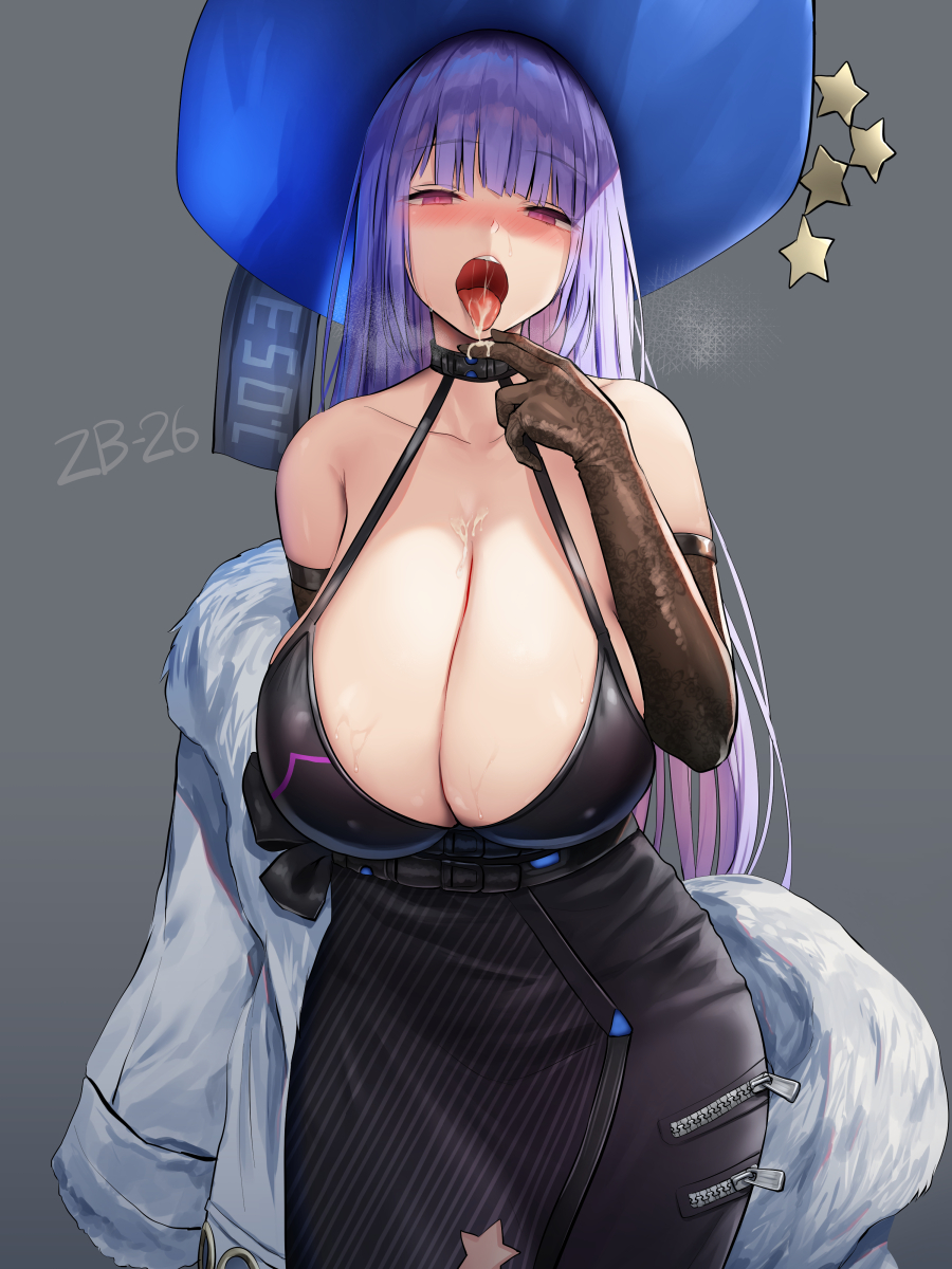 1girls, 2d, 2d (artwork), black collar, black gloves, blue headwear, blush, blushing, blushing at viewer, blushing female, breasts, character name, cleavage, clothed, clothed female, collar, collarbone, dress, elbow gloves, eyebrows visible through hair, female, female only, gigantic breasts, girls' frontline, gloves, half-closed eyes, hat, highres, huge breasts, jacket, long hair, nose blush, oekakizuki, open mouth, pink eyes, pink-eyed female, purple hair, purple-haired female, sagging breasts, solo, solo female, suggestive fluid, sun hat, tongue, tongue out, upper body, very long hair, zb-26 (girls' frontline), zipper
