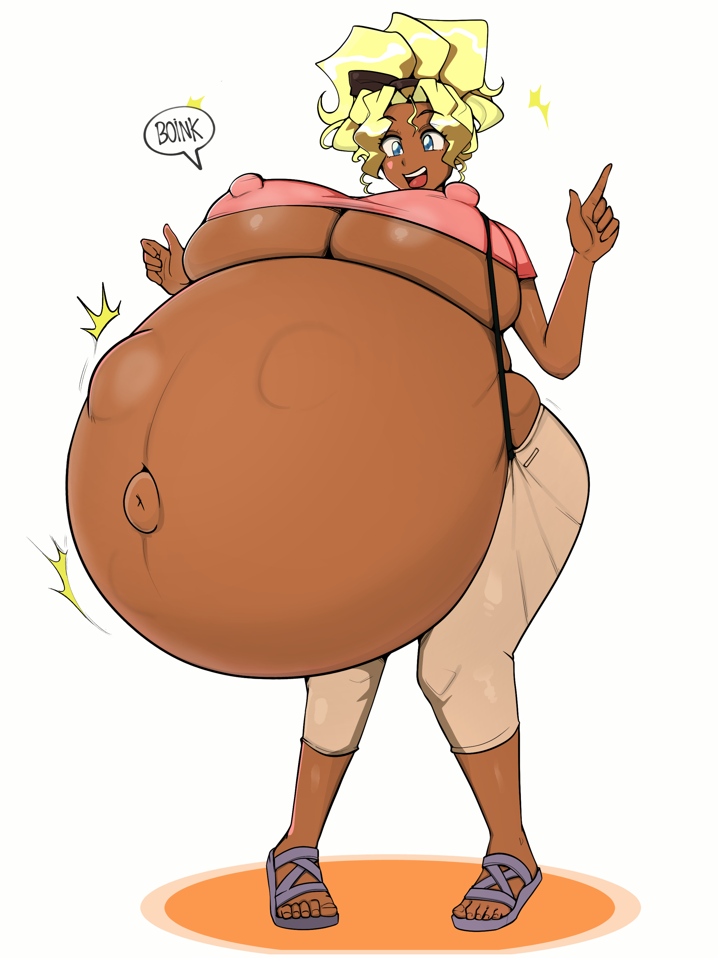 belly, big belly, big breasts, blonde hair, breasts, dark skin, dark-skinned female, docgyara, female, fetal movement, huge belly, hyper belly, hyper pregnancy, mihoshi kuramitsu, nipple bulge, pregnant, ready to pop, tenchi muyo!, zeruxu