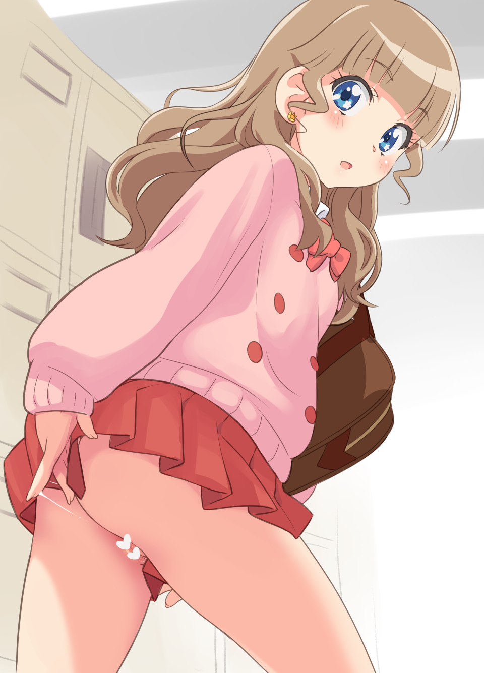 ass bag bangs blue_eyes blunt_bangs blush bow bowtie brown_hair cardigan commentary_request eyebrows_visible_through_hair female highres kikurage_(crayon_arts) long_hair long_sleeves looking_at_viewer mewkledreamy no_panties pink_cardigan pussy_juice red_bow red_bowtie red_skirt school_uniform skirt solo standing thighs tsukishima_maira