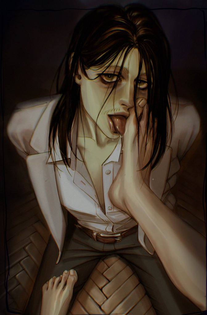 attack_on_titan black_hair drooling eren_jaeger feet hands_behind_back kneeling licking licking_feet licking_soles looking_at_viewer male_focus oral shingeki_no_kyojin solo_focus tagme tongue tongue_out unbuttoned_shirt