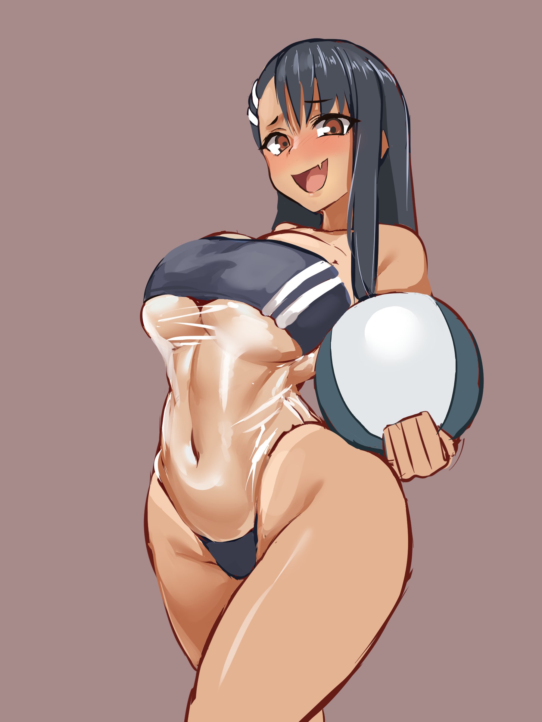 1girls, 9is, beach ball, belly button, big breasts, black hair, blush, blushing, breast press, breast squish, breasts, brunette, clothed, clothing, female, female only, gris swimsuit, hayase nagatoro, innie belly button, long hair, looking at viewer, please don't bully me, nagatoro, schoolgirl, solo, swimsuit, swimsuit tan, tan skin, tanline, tanned, tanned female, tanned skin, transparent clothing