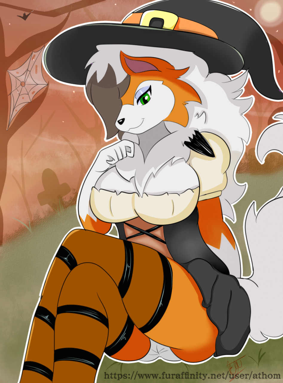 anthro athom big_breasts breasts cleavage dog_tail dusk_lycanroc eyelashes female female_only furry game_freak graveyard green_eyes halloween halloween_costume hips nintendo orange_fur pokemon smile smiling spider_web tail thick_thighs thighs witch witch_hat