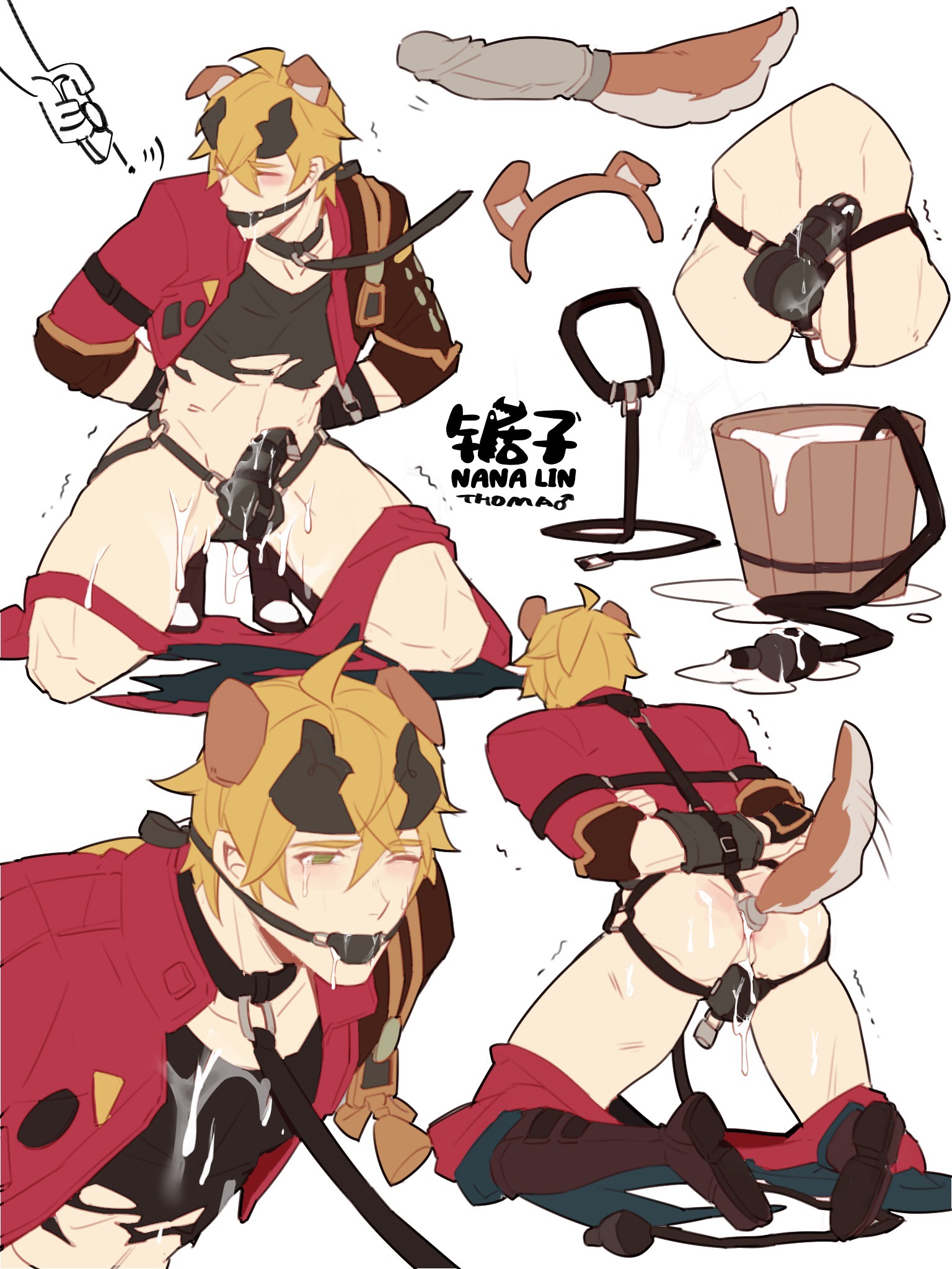 1boy, anal plug, anal tail, arms behind back, ass, ball gag, blonde hair, blush, bondage, buttplug, buttplug tail, collar, cum, dildo, dog ears, drool, drooling, gag, gay, genshin impact, leash, male, male only, partially clothed, penis, petplay, remote control vibrator, restrained, ripped clothing, solo male, submissive male, tail plug, tears, thoma (genshin impact), tied up, trembling, yaoi
