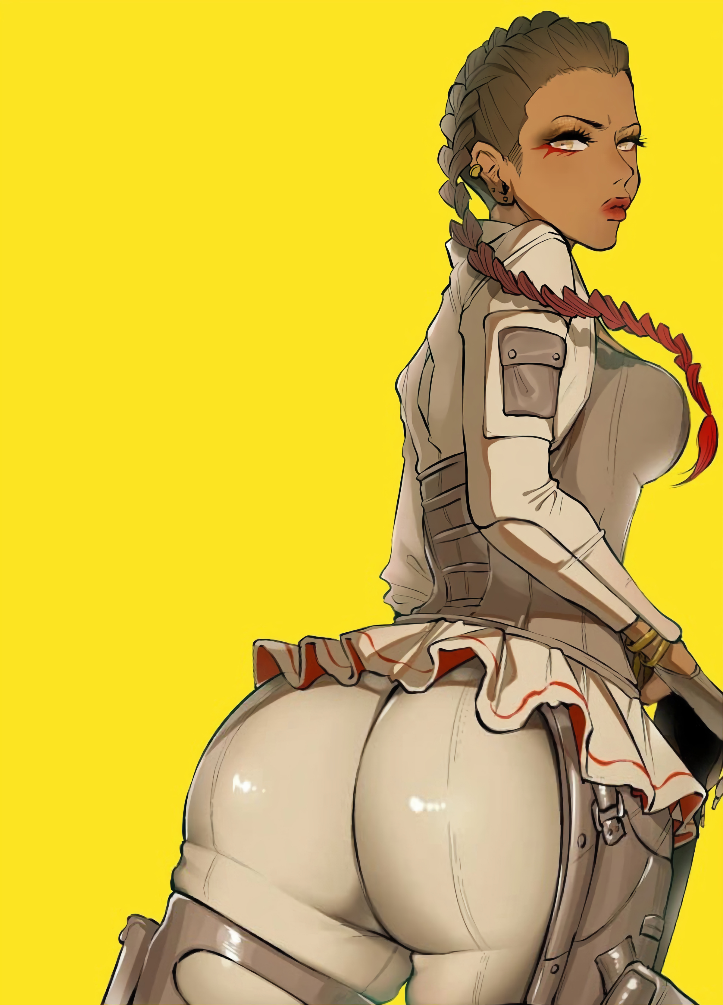2d, apex legends, ass, ass squeeze, back view, belt, big ass, big breasts, big butt, big hips, big thighs, bottom heavy, breast hold, breast squeeze, breasts, bubble ass, bubble butt, bursting butt, female, gigantic ass, gigantic butt, huge ass, huge breasts, huge butt, loba (apex legends), looking at another, outgrowing clothes, simple background, skin tight, skin tight suit, stretched clothing, thick, thick ass, thick hips, thick legs, thick thighs, tight clothes, tight clothing, tight pants, tights, unknown artist, viewed from behind, viewed from below