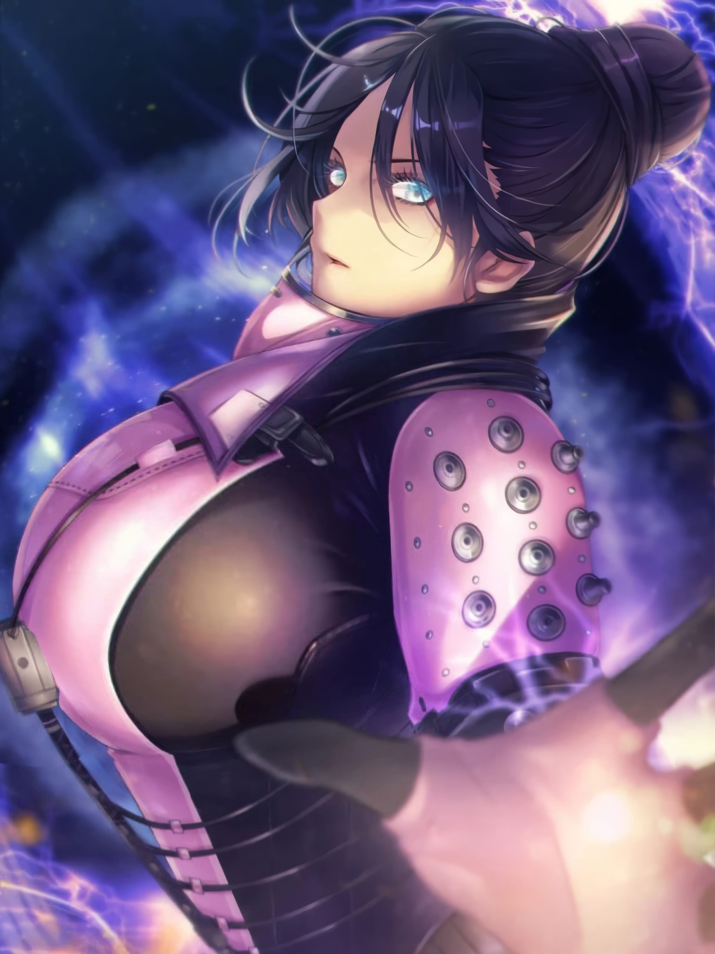 2d, alternate breast size, apex legends, big breasts, breast squeeze, breast squish, breasts, bursting breasts, female, gigantic breasts, huge breasts, jumpsuit, looking at another, outgrowing clothes, skin tight, skin tight suit, skinsuit, stretched clothing, thick, tight clothes, tight clothing, tights, wraith (apex legends)