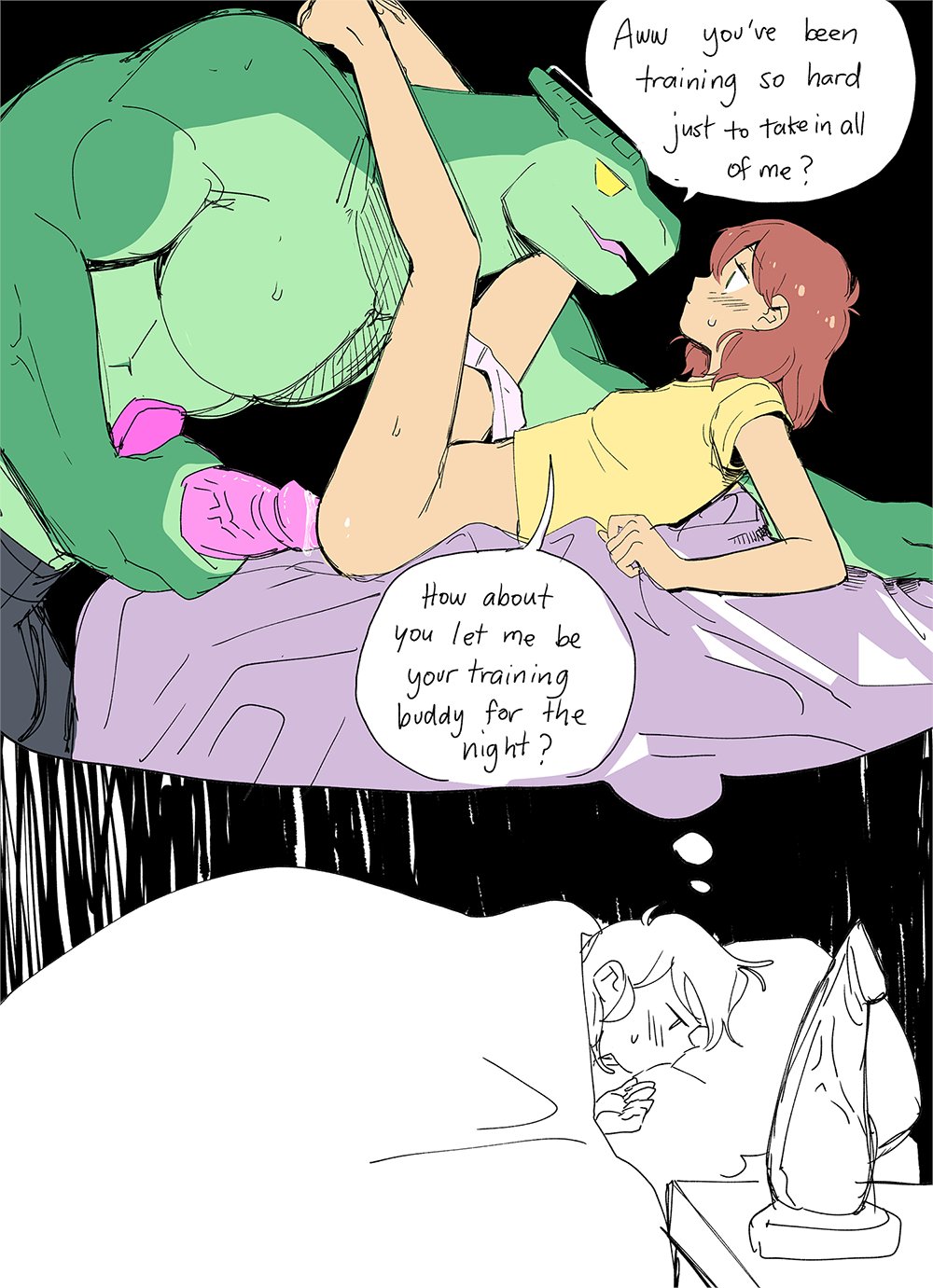 1boy, 1girls, absurdly large cock, anthro, anthro on female, anthro on human, anthro penetrating, big dom small sub, dialogue, dildo, dracophilia, dragon, dragon on female, dragon on human, dragon penis, dreaming, english text, extreme size difference, female, female human, female on anthro, femsub, human, human female, human penetrated, humansub, imminent penetration, imminent sex, interspecies, interspecies sex, larger male, lizardman, male, male anthro, maledom, monster, monster cock, monster male, monster on female, monster on human, monster sex, monsterdom, nonhuman male on human female, ollie (spirit bathhouse), reptile, romantic, scales, scalie, sex toy, sframboob, size difference, sleeping, smaller female, spirit bathhouse, straight, text, thick penis, webcomic, wholesome, zaggie (spirit bathhouse)