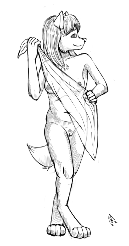 2022 anthro breasts canid canine canis cloth digitigrade female genitals looking_at_viewer mammal monochrome musso navel nipples nude pose pubes pussy simple_background sketch smile solo standing teenager white_background wolf young