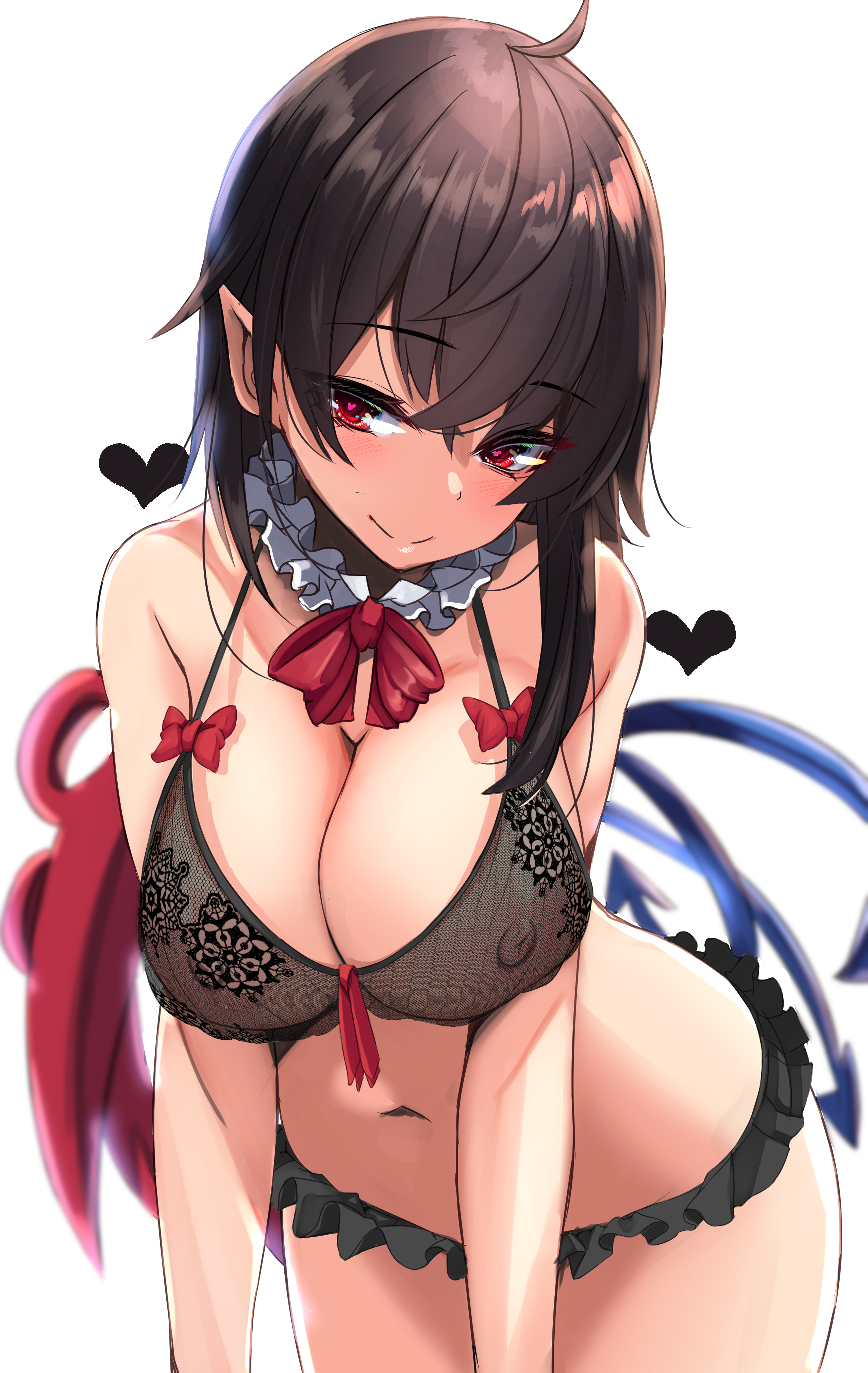 absurdres, asymmetrical wings, black hair, blue wings, bow, bowtie, bra, breasts, cleavage, collar, covered nipples, female, frilled collar, frills, heart, heart-shaped pupils, highres, lace, looking at viewer, microskirt, navel, nue houjuu, pointy ears, red bow, red bowtie, red eyes, red wings, see-through, short hair, simple background, skirt, smile, solo, symbol-shaped pupils, touhou, underwear, white background, wide hips, wings, yukito (dreamrider)