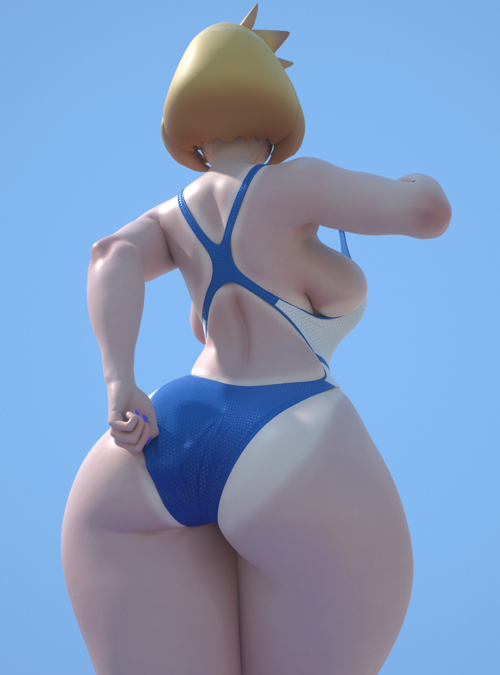 3d, alternate breast size, ass, big ass, big breasts, breasts, clothing, competition swimsuit, cowboy shot, curvaceous, female, game freak, high resolution, hips, huge ass, huge breasts, kasumi (pokemon), large ass, large breasts, legs, misty (pokemon), muscles, nintendo, one-piece swimsuit, orange hair, pokemon, pokemon (game), pokemon gsc, pokemon hgss, simple background, solo, standing, swimsuit, tank suit, thick thighs, thighs, usukeninja, white swimsuit, wide hips