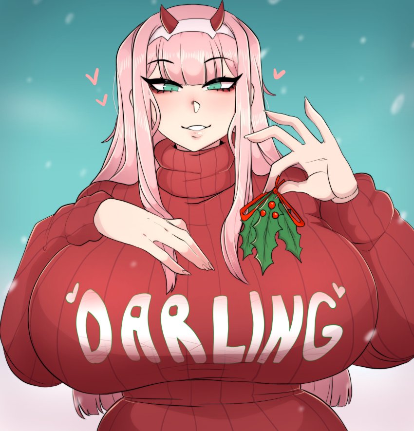 bangs breasts christmas darling_in_the_franxx female heart huge_breasts inkbuns long_hair looking_at_viewer mistletoe pink_hair smile snow sweater turtleneck upper_body zero_two_(darling_in_the_franxx)