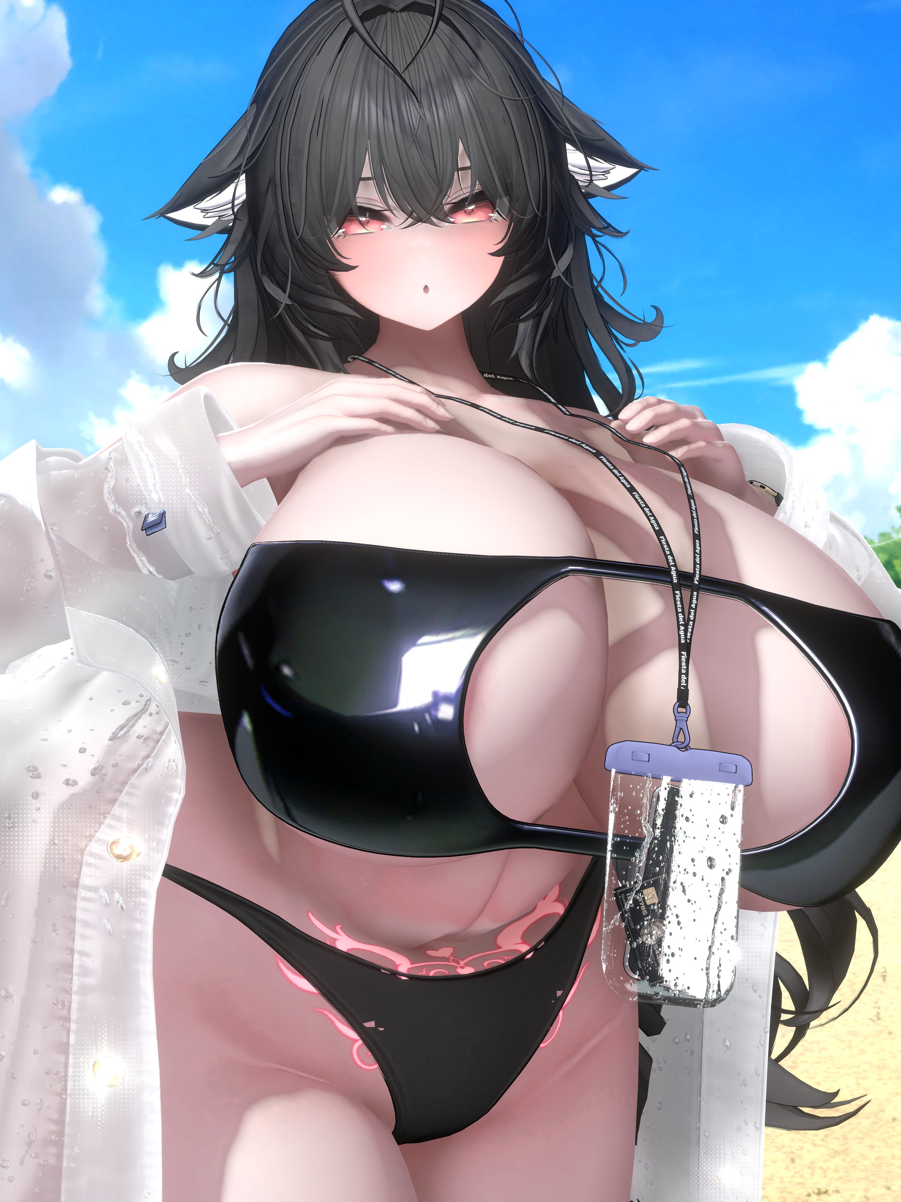 3d, animal ears, blush, curvy, cutout, dot mouth, gigantic breasts, hands on breasts, hyper, latex, latex swimsuit, original, original character, pubic tattoo, swimsuit, thick thighs, vrchat, vrchat avatar, wide hips