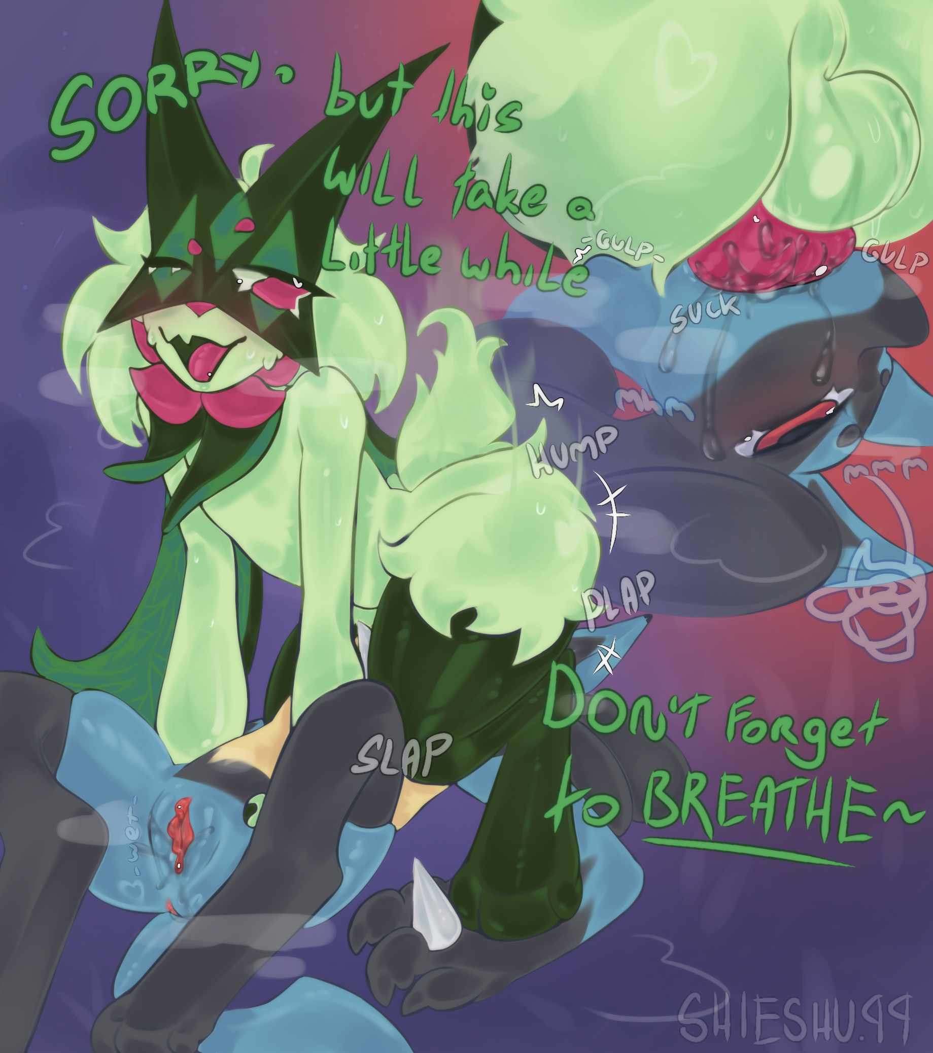 1boy, 1girls, animal genitalia, animal penis, anthro, anthro on anthro, anthro penetrated, anthro penetrating, anthro penetrating anthro, blue body, blush, bodily fluids, deepthroat, deepthroat facesitting, duo, eye roll, facesitting, fellatio, female, female penetrated, flower (anatomy), forced, forced oral, generation 4 pokemon, generation 9 pokemon, genital fluids, genitals, green body, hand grab, hi res, hips grab, holding with foot, humanoid genitalia, humanoid vulva, irrumatio, knot, knotted penis, looking at another, lucario, lying, male, male penetrating, male penetrating female, male/female, meowscarada, messy, multicolored body, nintendo, on another, on back, oral, oral penetration, oral sex, penile, penis, pink penis, pink vulva, pokemon, pokemon (species), pressed against, sex, shieshuqqq, short tail, sitting on another, slap, smile, smiling at another, tail, tired, vaginal fluids, vulva