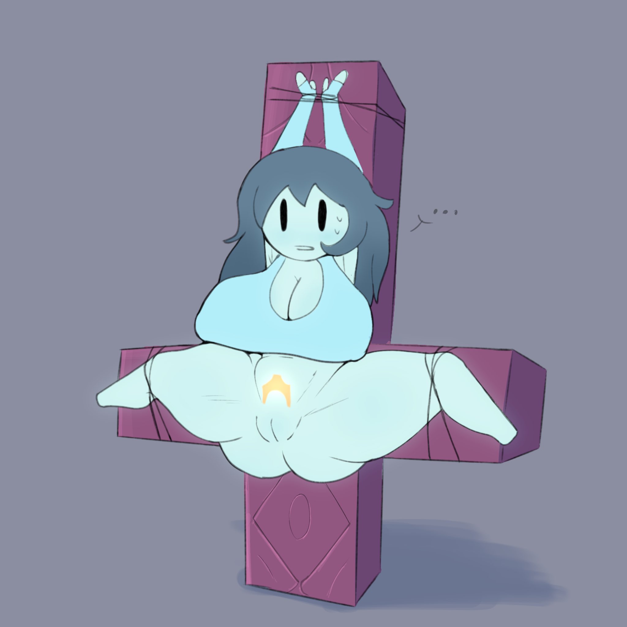 1girls, big breasts, big thighs, blue body, blue hair, blush, cross, crucified, crucifix, crucifixion, female, ghost, ghost girl, megamor, no panties, simple background, spooky (shojs), spooky's house of jump scares, spread legs, sweat, upside down cross