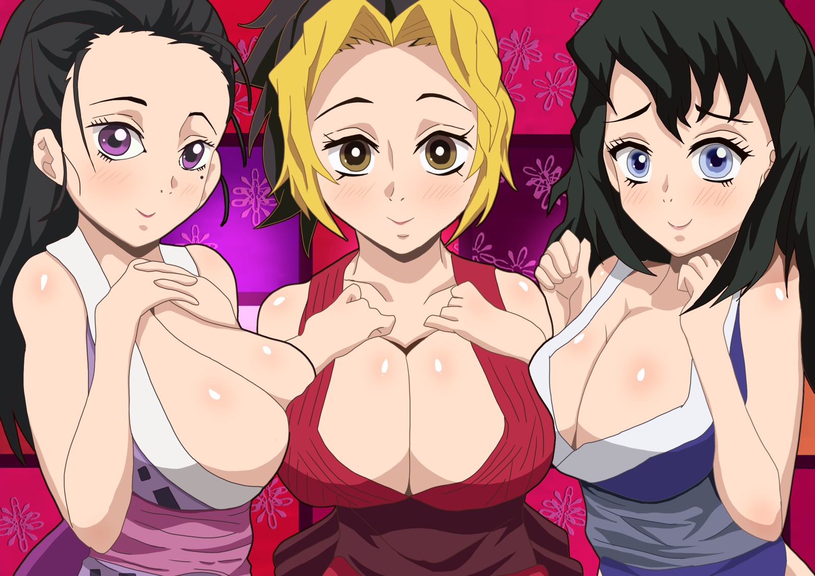 3girls, accurate art style, big breasts, black hair, black-haired female, blonde hair, blonde-haired female, blue eyes, blush, breasts, cleavage, demon slayer, female, female only, hinatsuru (kimetsu no yaiba), japanese clothes, kimetsu no yaiba, looking at viewer, makio (kimetsu no yaiba), mole under eye, no bra, obi, ponytail, purple eyes, sleeveless, smile, suma (kimetsu no yaiba), the wives (kimetsu no yaiba), two-tone hair, upper body, white hair, white-haired male
