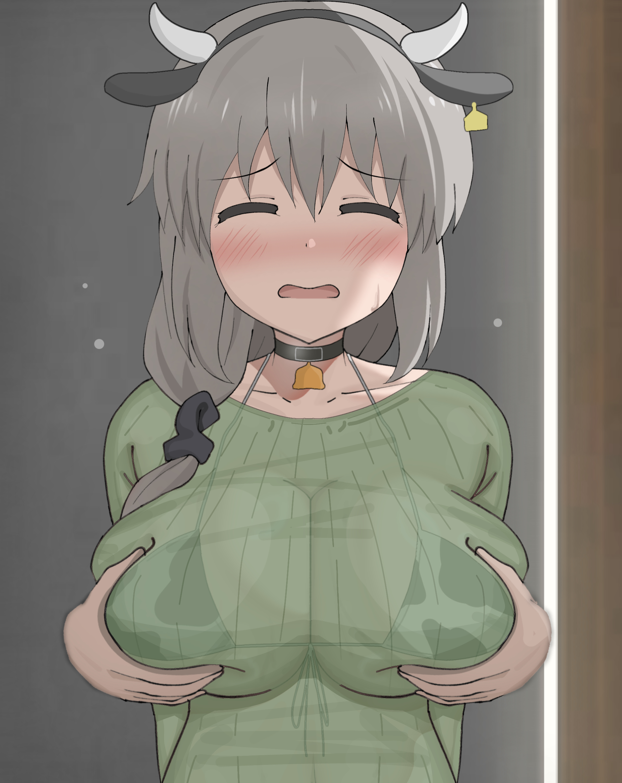 1boy, 1girls, animal ears, animal print, bell, bikini, blush, breasts, breath, choker, cleavage, closed eyes, collarbone, cow ears, cow horns, cow print, cow print bikini, cowbell, double breast grab, embarrassed, fake animal ears, fake horns, female, grabbing another's breast, grabbing from behind, green shirt, grey hair, groping, horns, large breasts, long hair, long sleeves, male, mature female, molestation, neck bell, open mouth, poa mellhen, ponytail, print bikini, see-through clothes, see-through shirt, shirt, side ponytail, standing, swimsuit, sword, underboob, upper body, uzaki tsuki, uzaki-chan wa asobitai!, voluptuous, weapon, white bikini