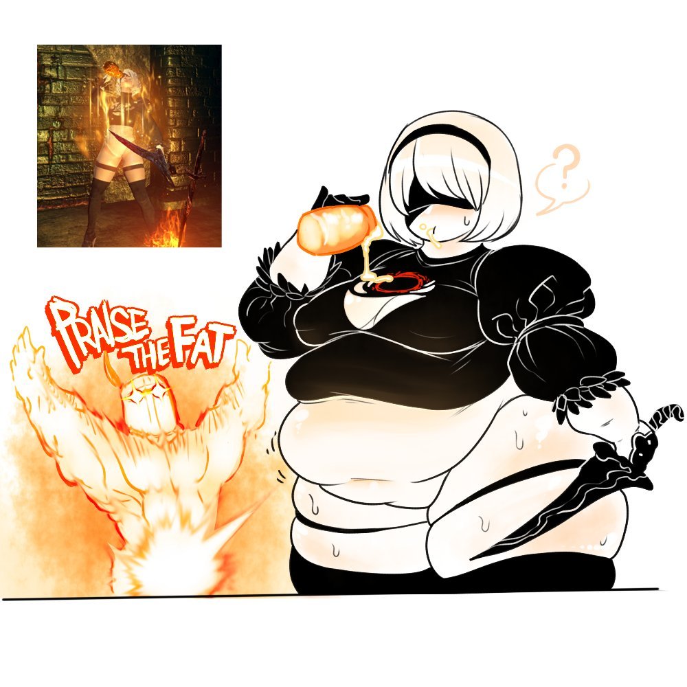 ass bbw belly belly_overhang big_ass big_belly breasts cleavage curvaceous curvy dark_souls debyjull female female_focus fromsoftware goth human love_handles male muffin_top nier:_automata nonude overweight overweight_female perky_breasts pouring_on_breasts pouring_on_self solaire_of_astora square_enix thick_thighs tight_clothing voluptuous wide_hips yorha_2b