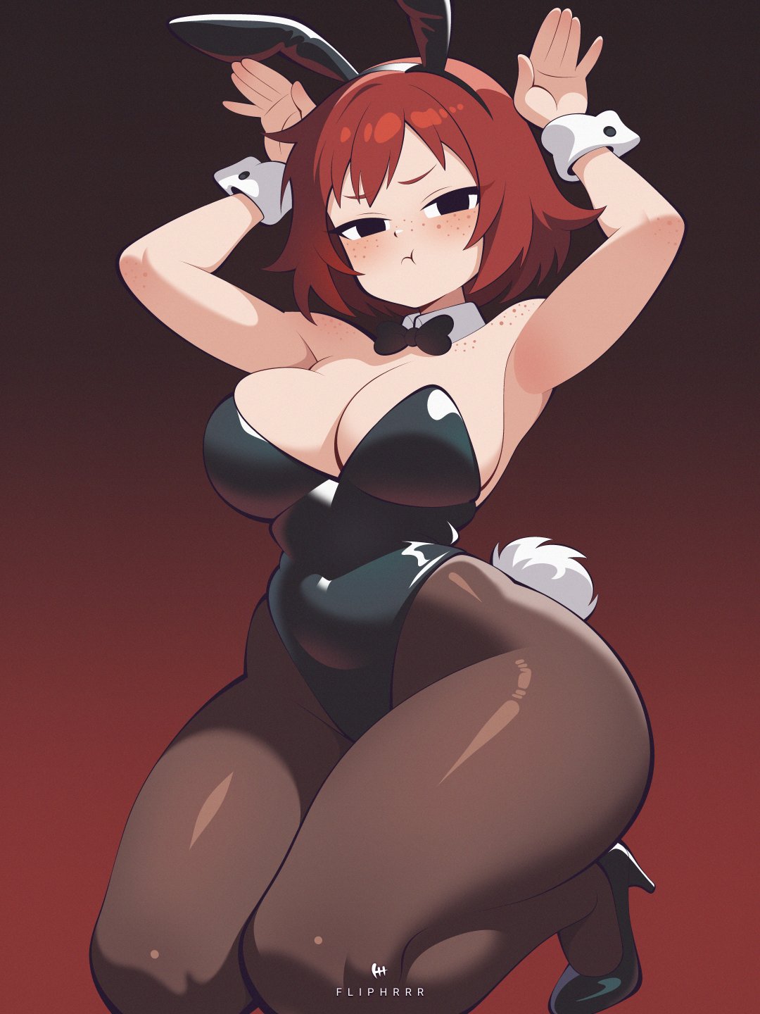 ass visible through thighs, auburn hair, blush, bunny ears, bunny girl, bunnysuit, curvy, embarrassed, flipherrrr, fliphrrr, freckles, huge ass, kim pine, kneeling, large breasts, logo, looking at viewer, narrow waist, rabbit pose, scott pilgrim, scott pilgrim takes off, thick thighs, unamused, wide hips