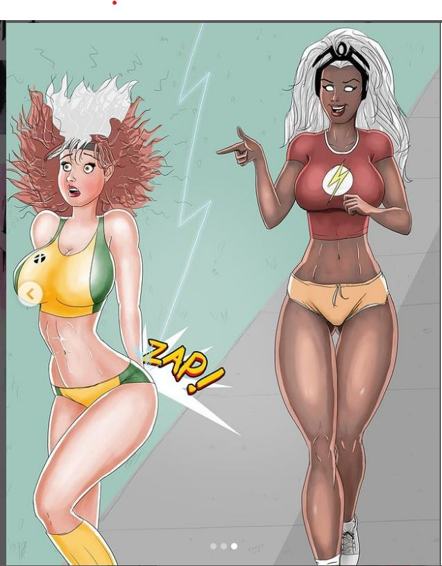 2girls african african_female anna_marie brown_hair dark-skinned_female dark_skin electric electric_shock electricity electricity_manipulation electro electrostimulation elopezcomics exercise female female_only fully_clothed hair_standing_up jogging lightning lightning_bolt long_hair marvel marvel_comics messy_hair midriff muscles ororo_munroe prank rogue_(x-men) running shock shocked shocking short_shorts shorts sound_effect sparks sports sports_bra sportswear storm_(x-men) superheroine surprised white_hair x-men