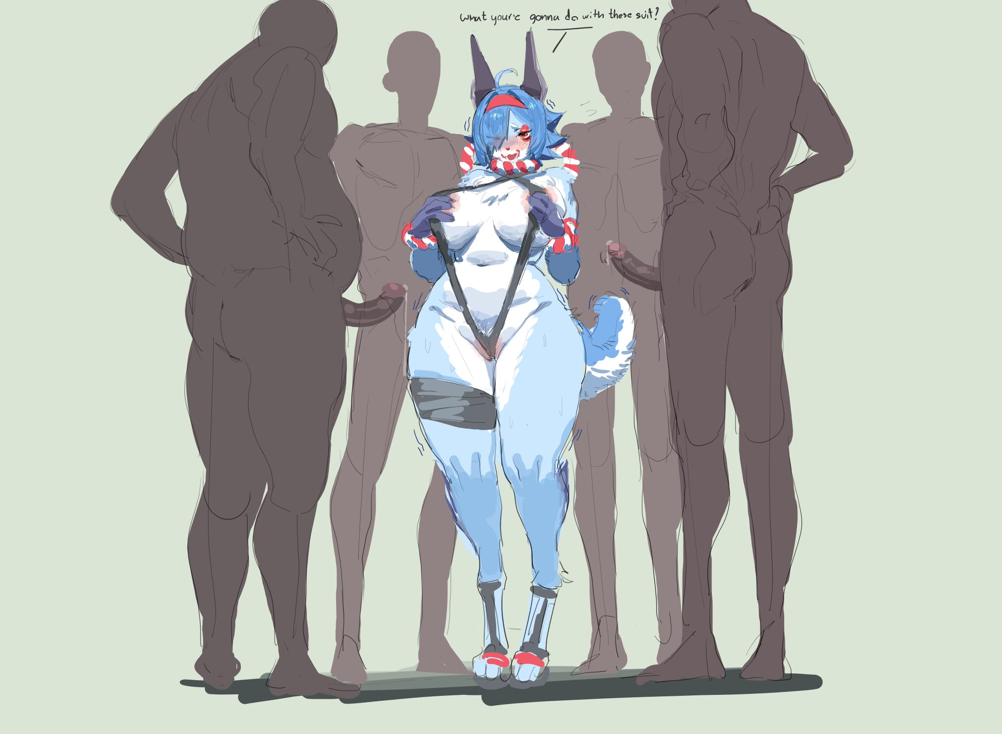 1girls, 2025, 4boys, dark-skinned male, english text, erect penis, erection, female, furry, furry female, male, mangakitsune2, midnightsunz456, multiple boys, nude, nude male, penis, pussy, pussy floss, tagme, text, unseen male face, wedgie