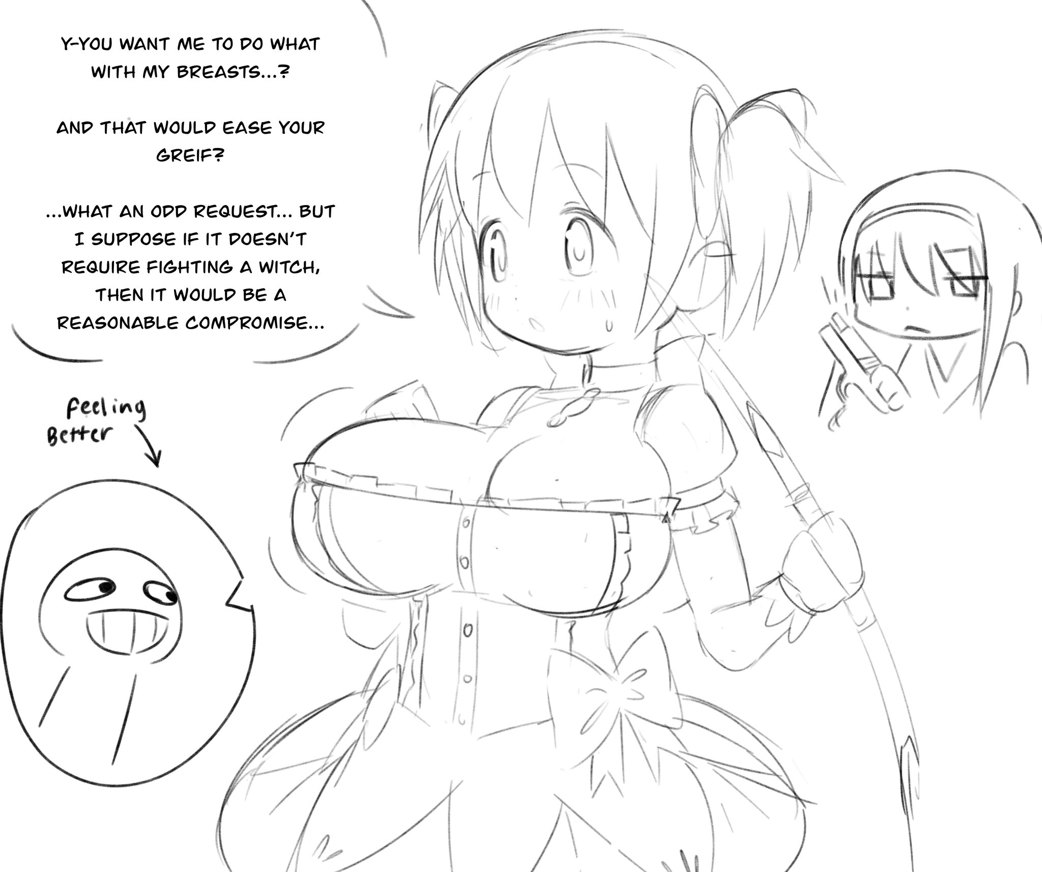 1boy, 2girls, akemi homura, alternate breast size, alternate breast size (larger), arrow (symbol), bow, bow (weapon), cleavage, dress, eb1daioh, english text, hairband, hairbow, holding bow (weapon), holding gun, kaname madoka, large breasts, mad mex, madoka kaname, mahou shoujo madoka magica, netorare, puella magi madoka magica, short twintails, smile, speech bubble, teeth, twintails