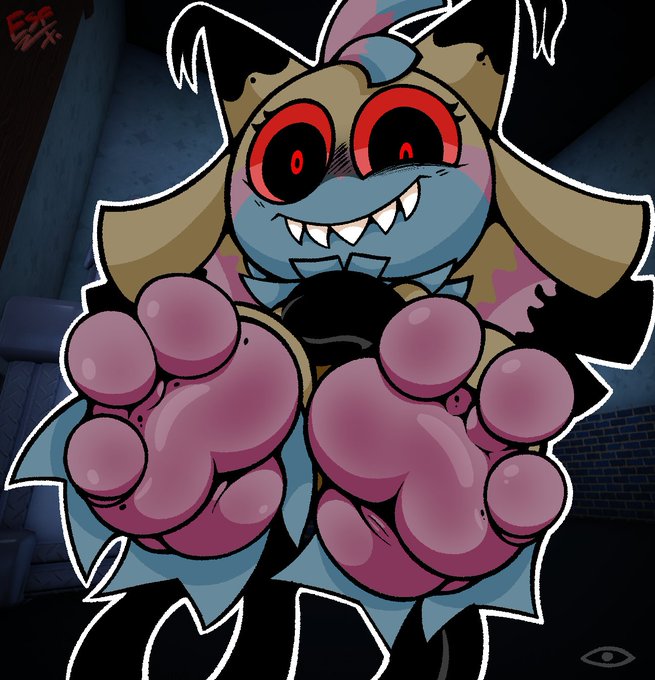 1girls, 2d, 2d (artwork), 2d artwork, 3 toes, anthro, anthro female, anthro only, artist signature, black pupils, blushcrunch studio, cartoony, dandy's world, dandys world, electricsnowfox, fangs, fangs out, feet, feet fetish, feet focus, female, female only, foot fetish, foot focus, high resolution, highres, ichor, looking at viewer, low angle, pinata, pink feet, red eyes, roblox, roblox game, sharp teeth, soles, soles fetish, solo, solo anthro, solo female, solo focus, staring at viewer, twisted yatta (dandy's world), white outline, yatta (dandy's world)