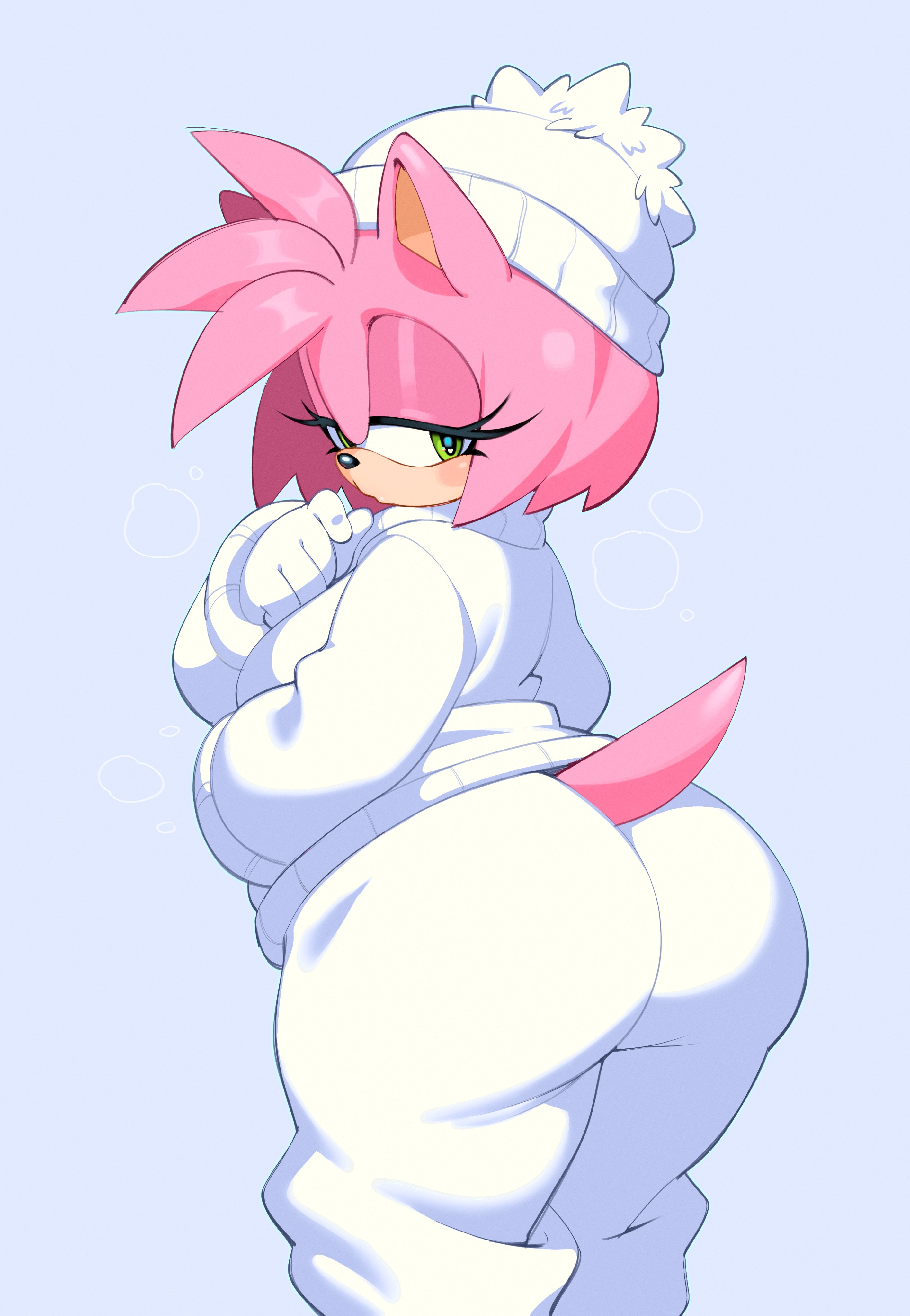 2d, 2d (artwork), 2d artwork, amy rose, big ass, big butt, blushing, bubble ass, bubble butt, clothed, eyelashes, fiinel, green eyes, half-closed eyes, horny female, pink fur, presenting ass, seduction techniques, seductive, seductive look, sega, sonic (series), sonic the hedgehog (series), tail sticking out, thick ass, thick thighs, white hat, white pants, white sweater, winter clothes