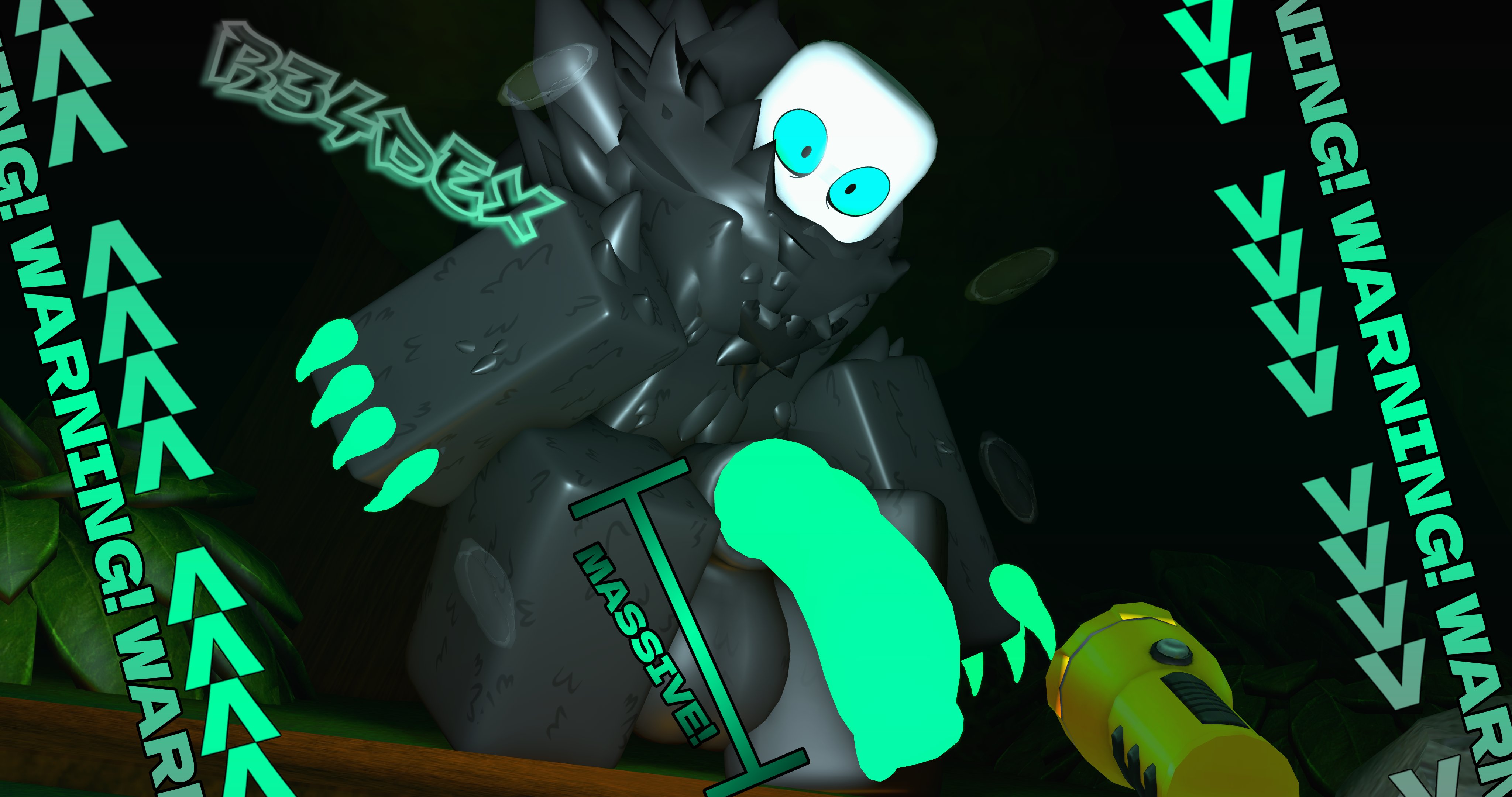 1boy, 1monster, 3d, 3d (artwork), artist name, balls, big balls, big penis, die of death (roblox), green penis, hyper penis, knotted penis, male, penis, pursuer (die of death), r34dex, roblox, roblox game, robloxian, tagme, watermark